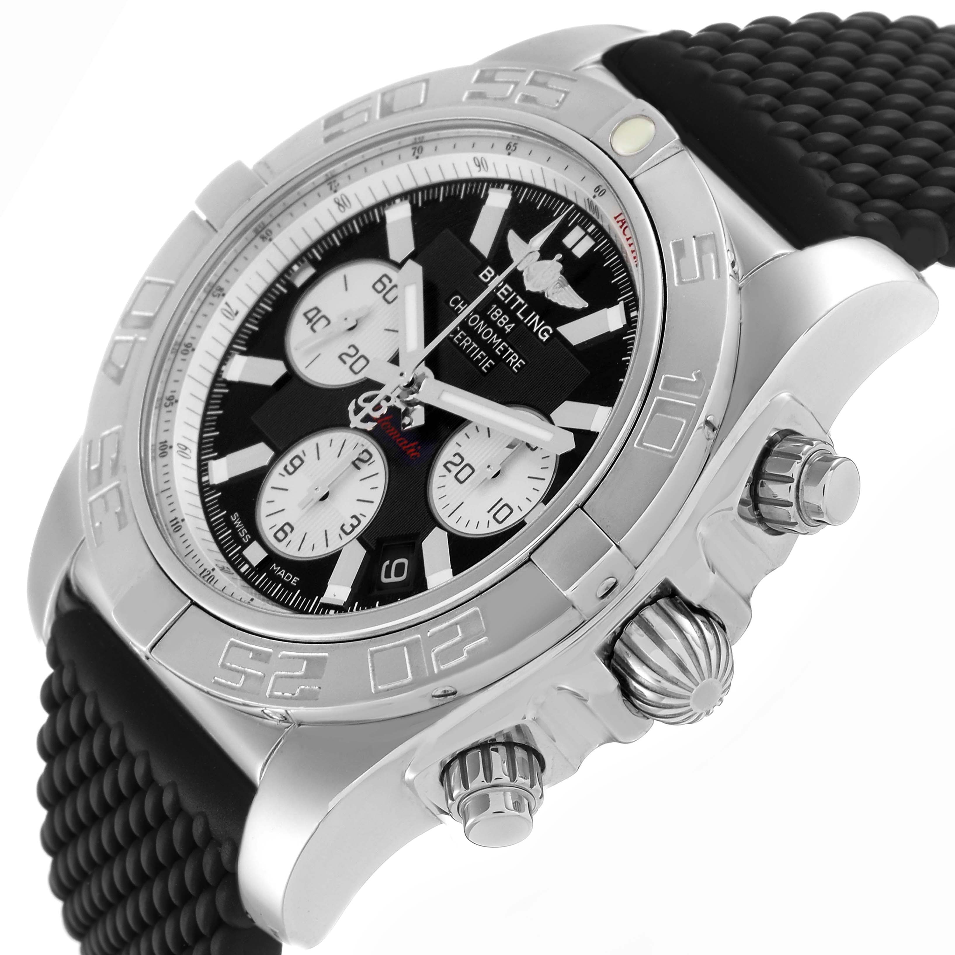 The Breitling Chronomat AB0110 Men
s Stainless Steel Black Dial watch is shown at an angle from the front-right, highlighting the dial, bezel, and crown.