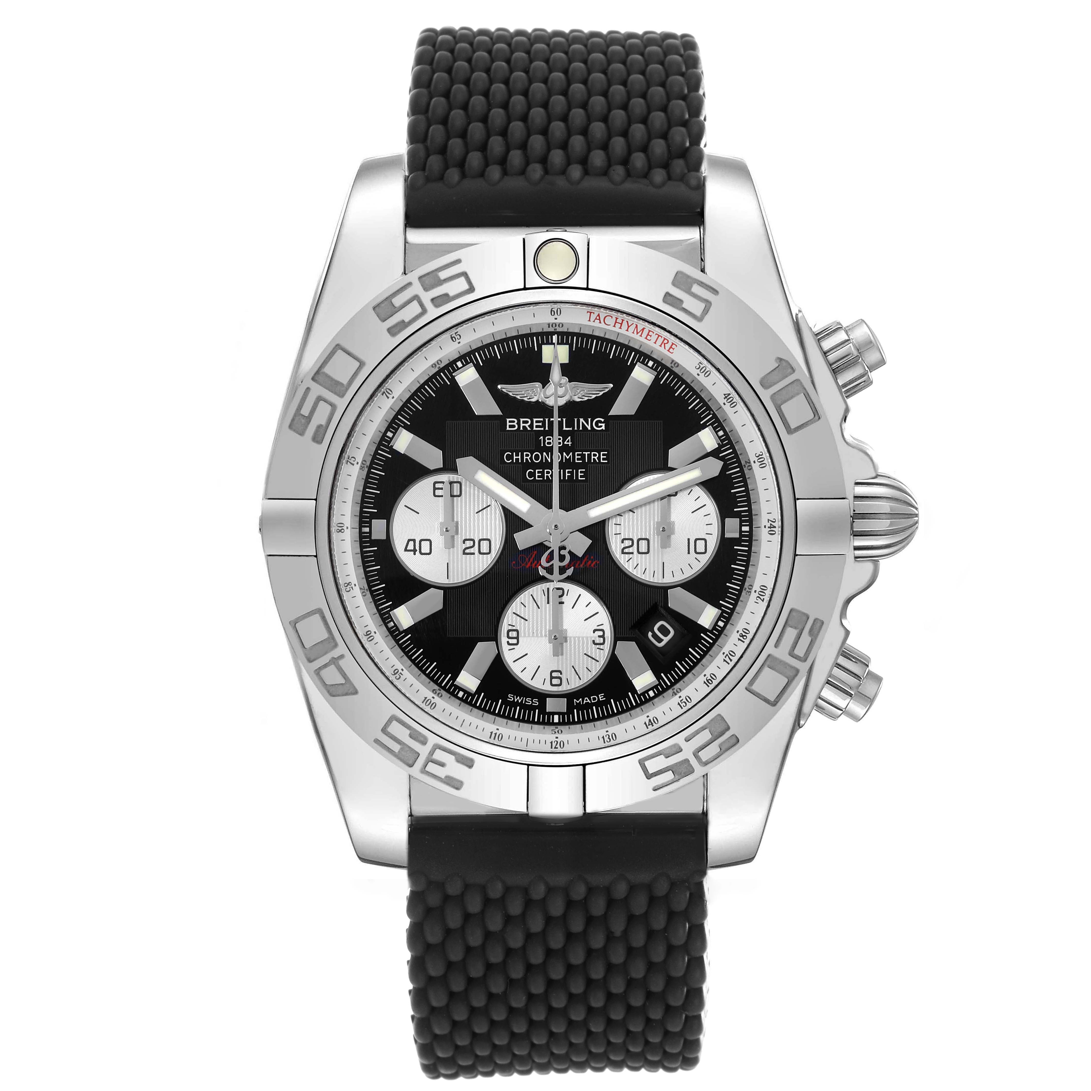 The Breitling Chronomat AB0110 Men
s Stainless Steel Black Dial watch is shown from a frontal angle, displaying the dial, bezel, strap, and chronograph pushers.