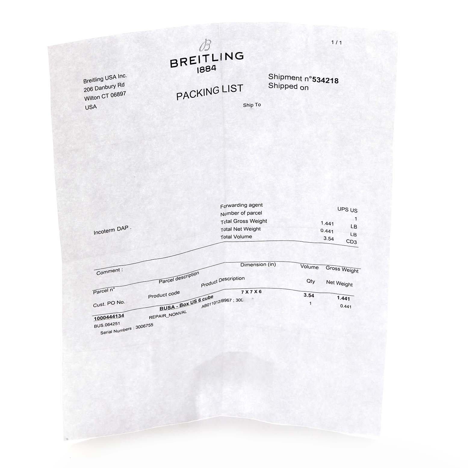 This image shows a packing list for a Breitling Chronomat AB0110 Men
s Stainless Steel Black Dial watch, not the watch or accessories themselves.