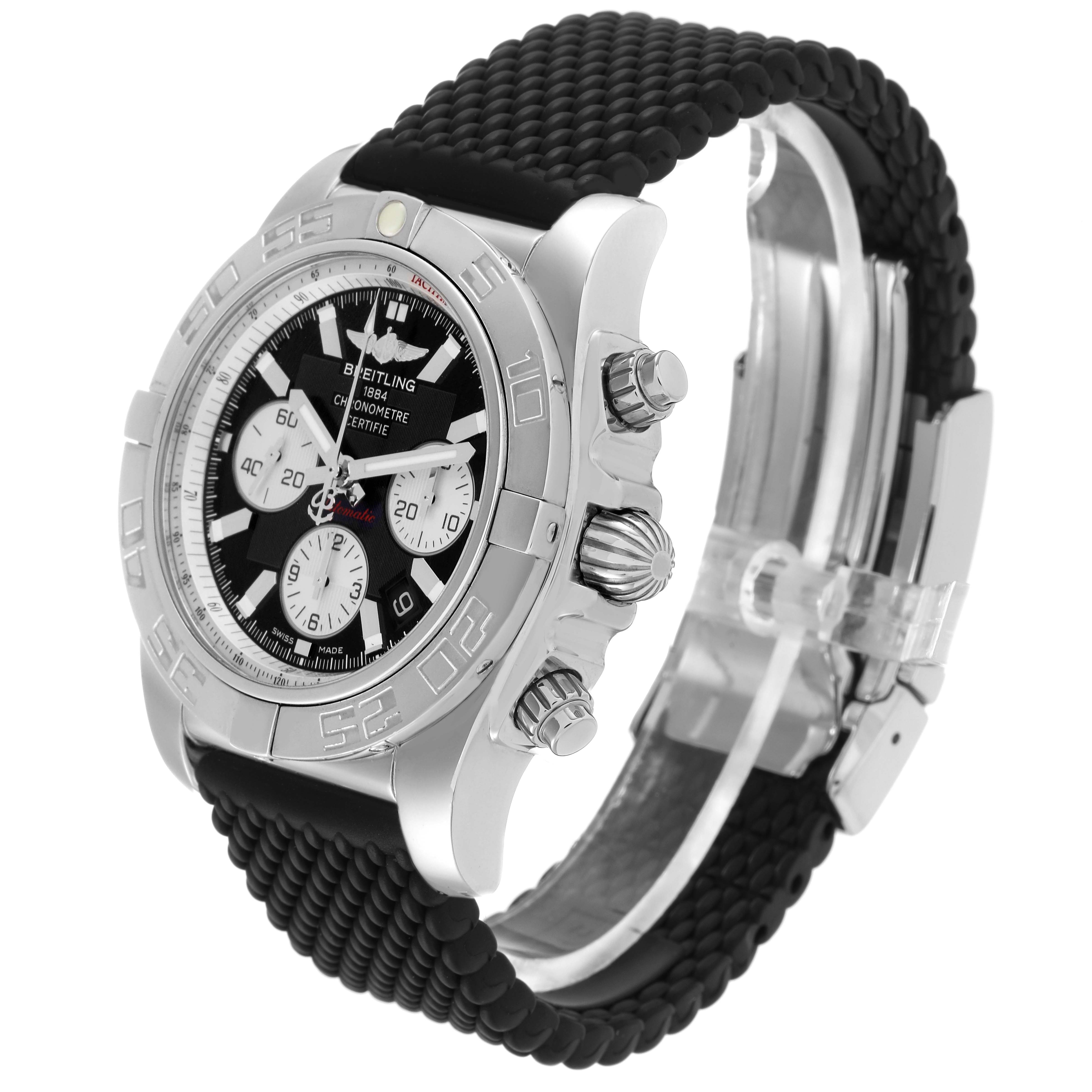 The Breitling Chronomat AB0110 Men
s Stainless Steel Black Dial watch is shown at an angle highlighting the bezel, dial, crown, and black strap.