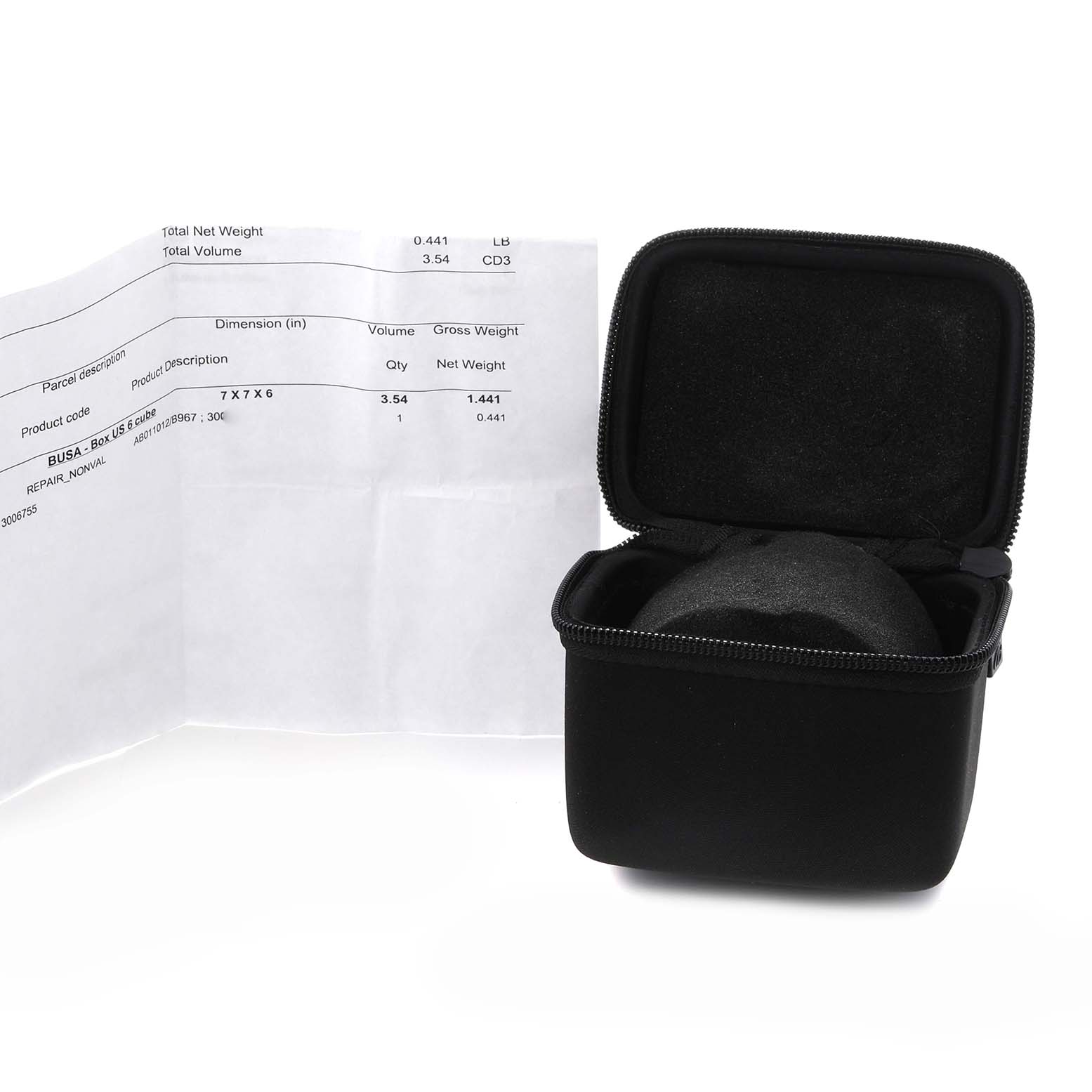 The image shows a Breitling Chronomat AB0110 Men
s Stainless Steel Black Dial watch case and packaging document, viewed from the front.