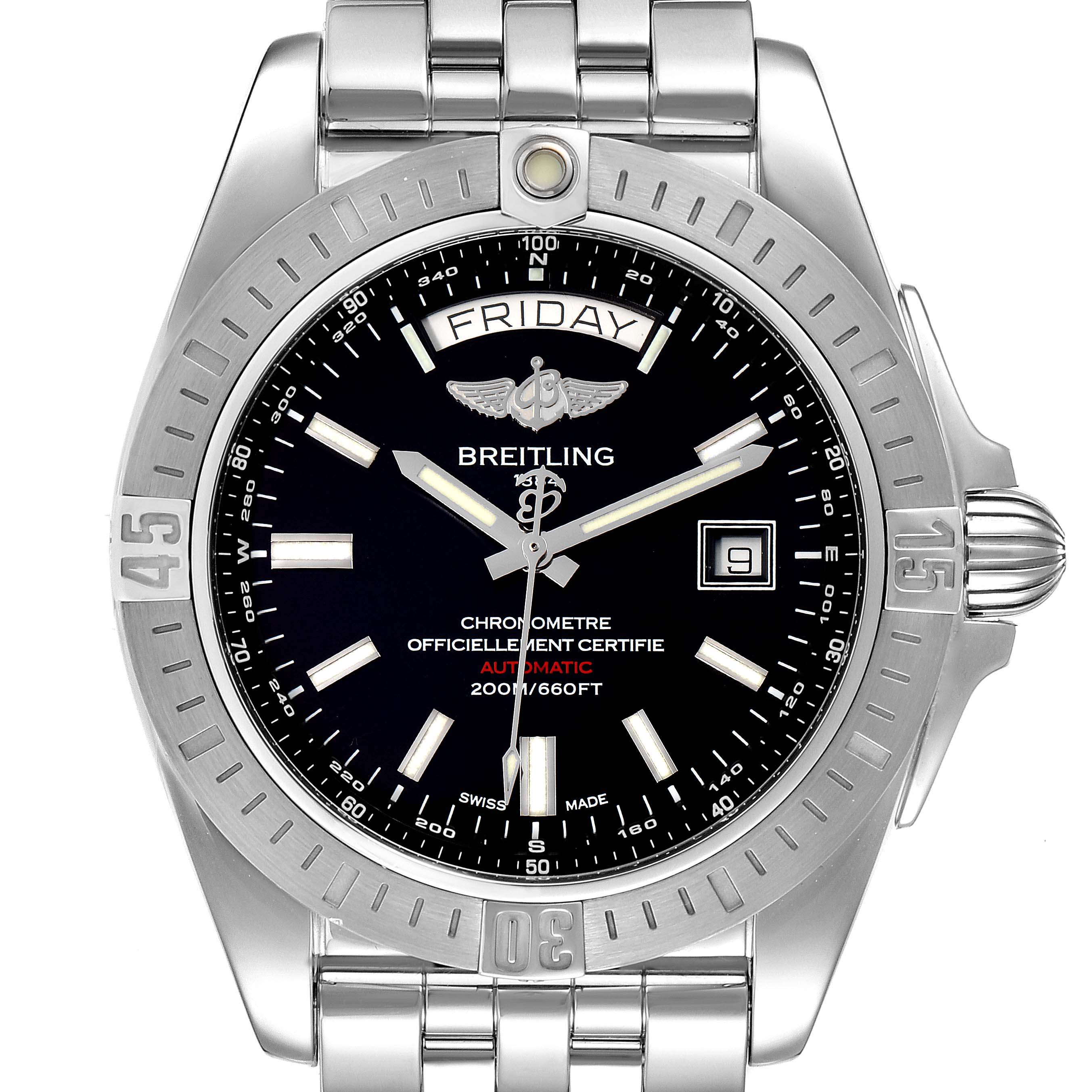 The image shows a front view of a Breitling Galactic A45320 Men's Stainless Steel Black Dial A45320 Men's Stainless Steel Black Dial watch, highlighting the dial, bezel, crown, and part of the bracelet.