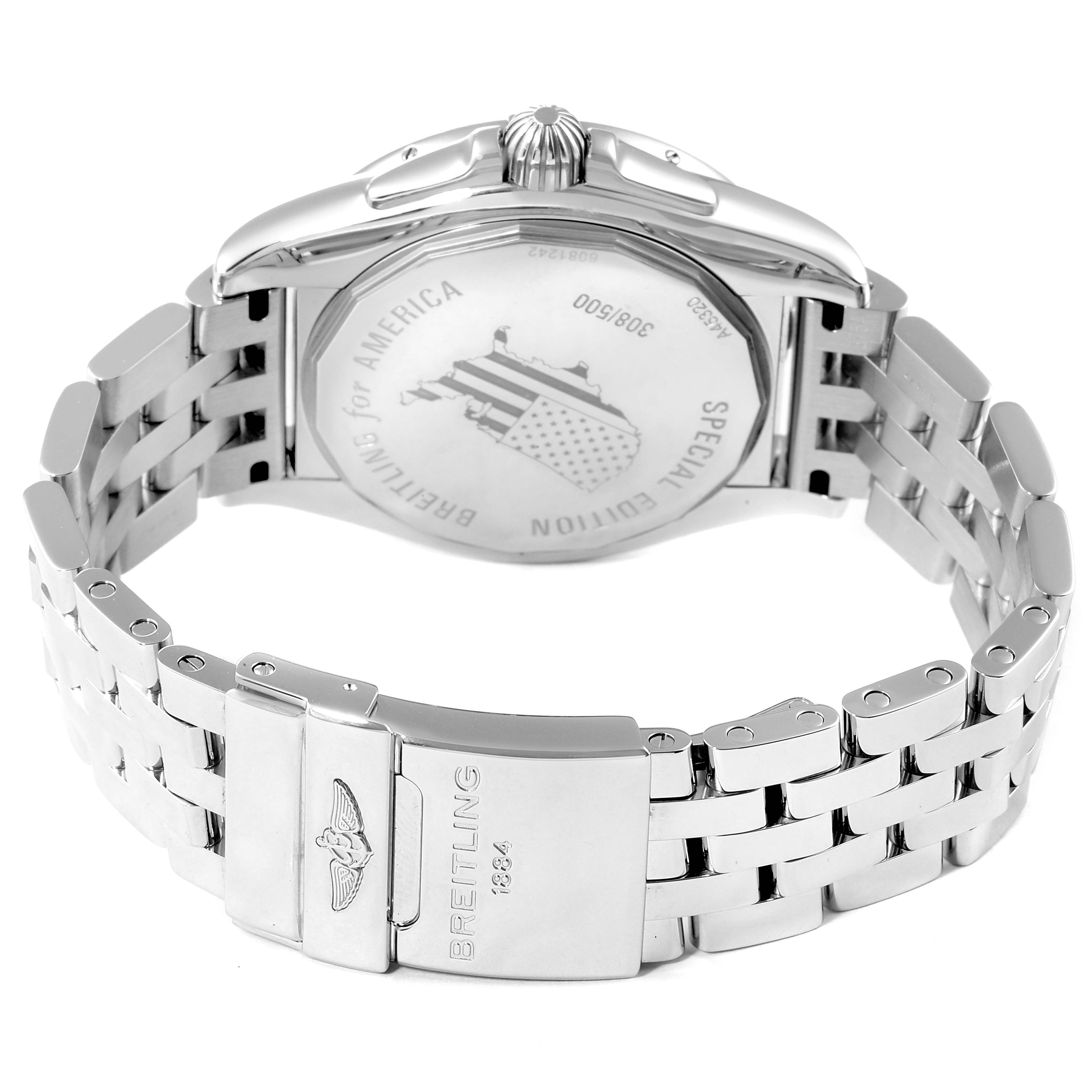 The image shows the back case and clasp of a Breitling Galactic A45320 Men's Stainless Steel Black Dial A45320 Men's Stainless Steel Black Dial watch with a stainless steel band.