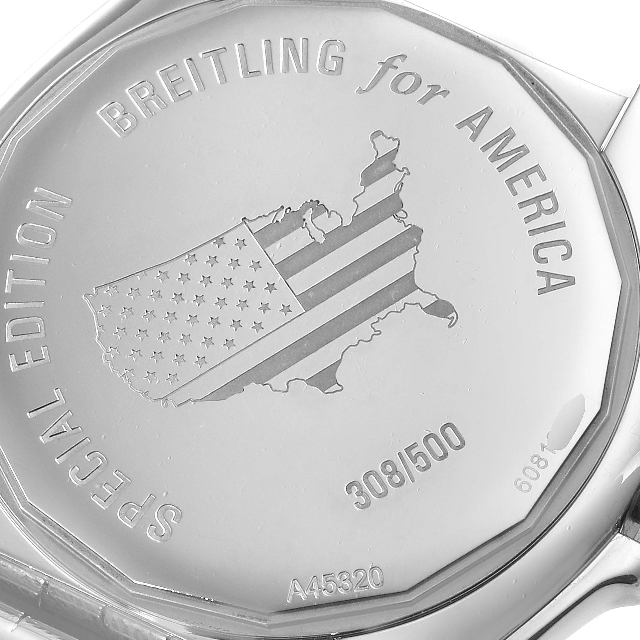 The image shows the back case of a Breitling Galactic A45320 Men's Stainless Steel Black Dial A45320 Men's Stainless Steel Black Dial watch, displaying "BREITLING for AMERICA" and "SPECIAL EDITION" engravings.
