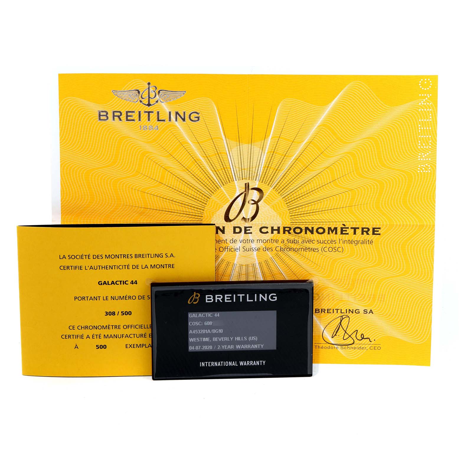 The image shows the warranty card, certification, and documentation for the Breitling Galactic A45320 Men's Stainless Steel Black Dial A45320 Men's Stainless Steel Black Dial model watch.