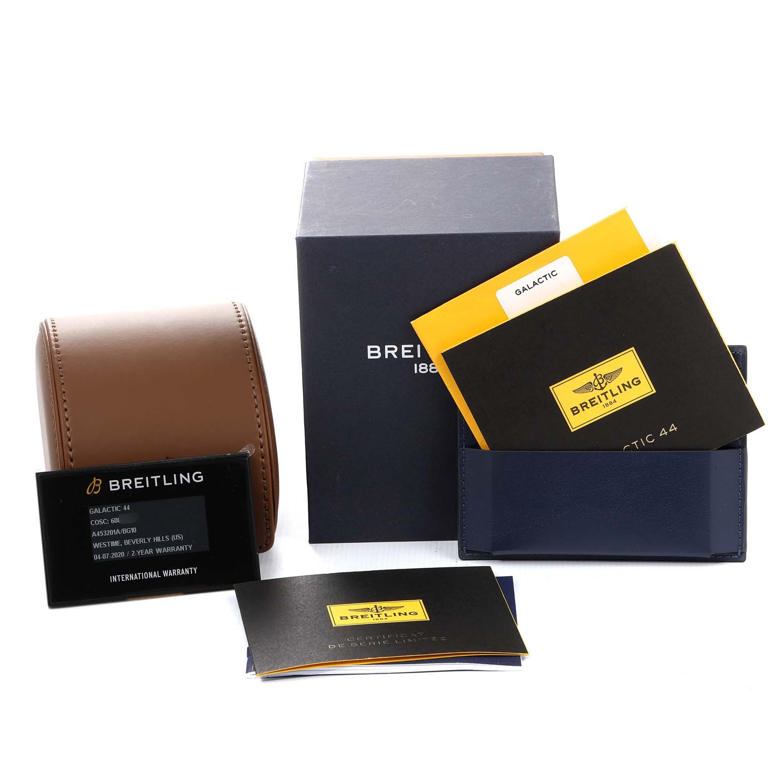 The image shows the packaging, manual, warranty card, box, and leather case for the Breitling Galactic A45320 Men's Stainless Steel Black Dial A45320 Men's Stainless Steel Black Dial watch model.