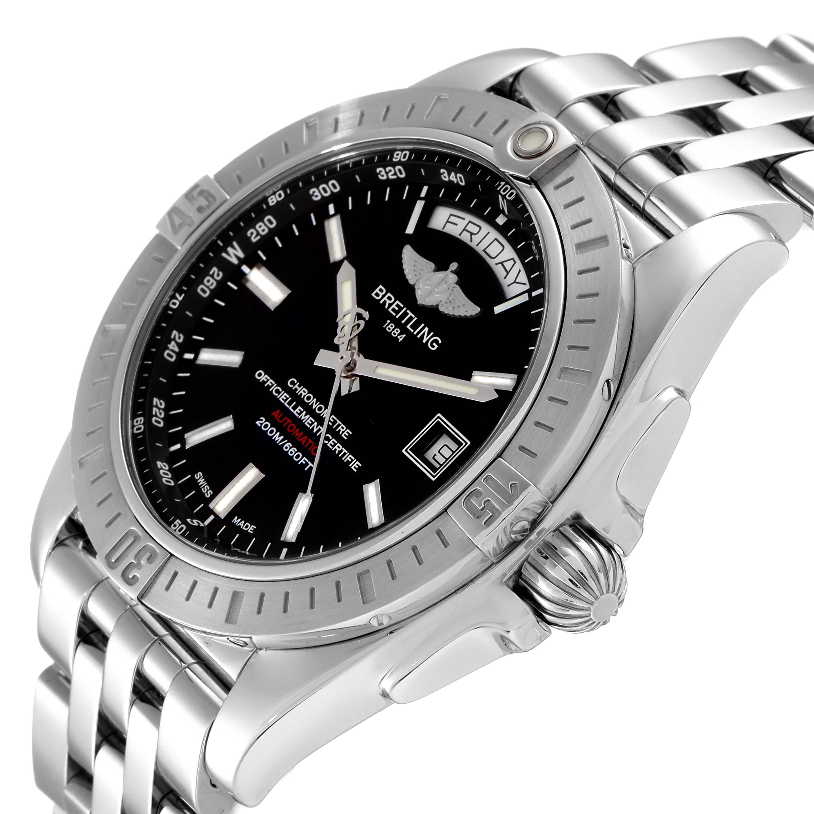 This image shows a close-up, tilted view of the Breitling Galactic A45320 Men's Stainless Steel Black Dial A45320 Men's Stainless Steel Black Dial model watch, highlighting its dial, bezel, crown, and part of the bracelet.