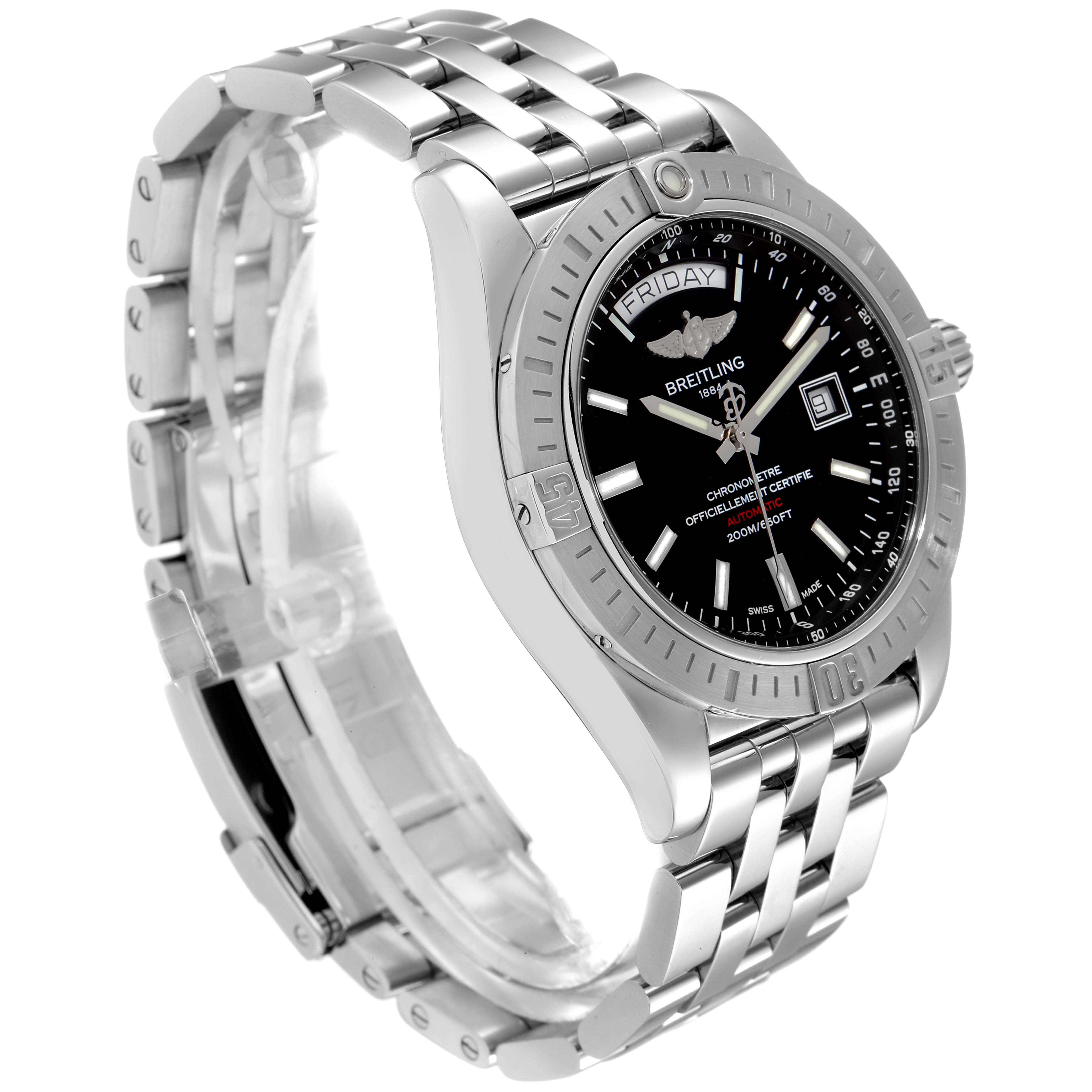 This Breitling Galactic A45320 Men's Stainless Steel Black Dial A45320 Men's Stainless Steel Black Dial watch is shown at a three-quarter angle, displaying the face, bezel, crown, and bracelet.