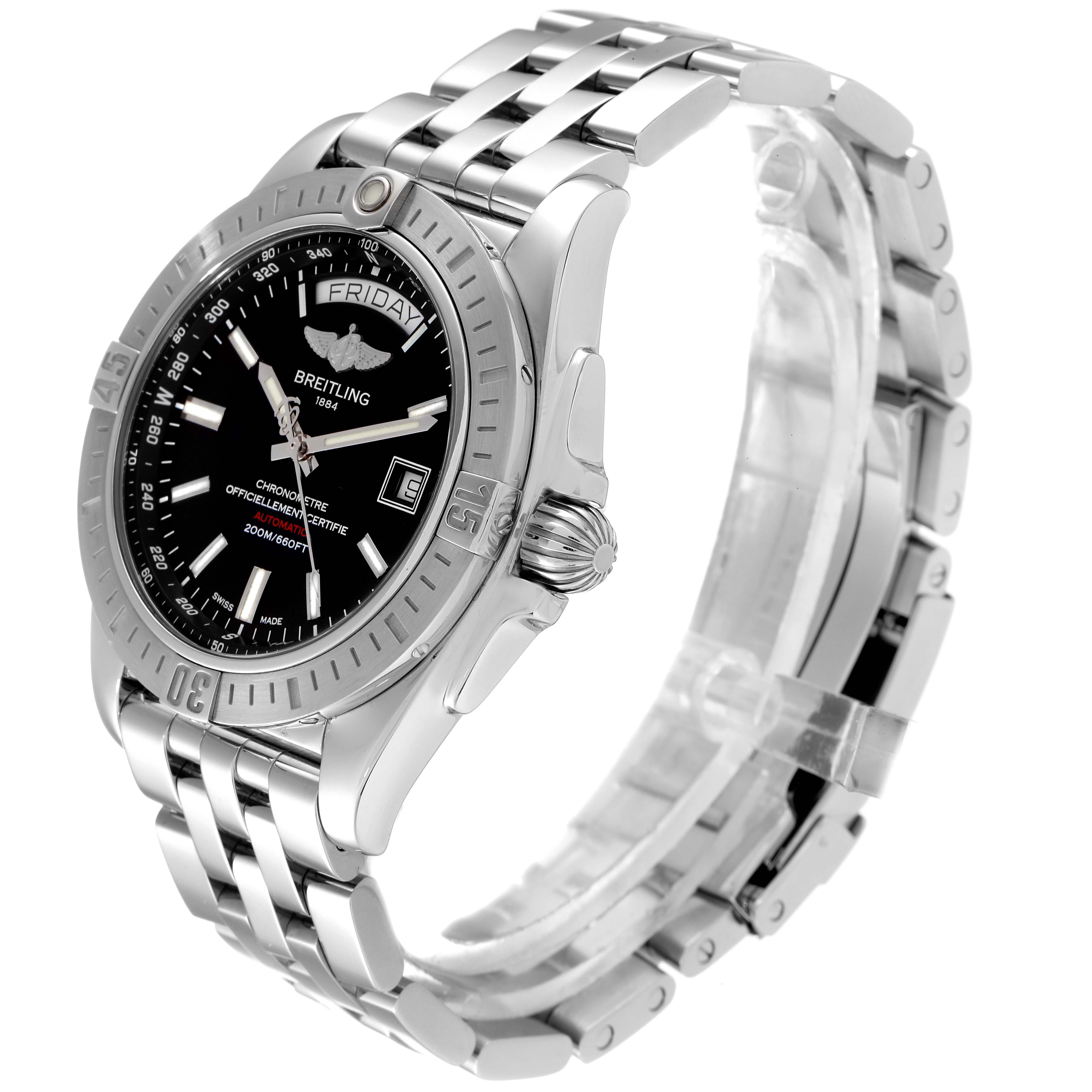 The image shows a side angle of the Breitling Galactic A45320 Men's Stainless Steel Black Dial A45320 Men's Stainless Steel Black Dial watch, featuring its metallic strap and case with a black dial.