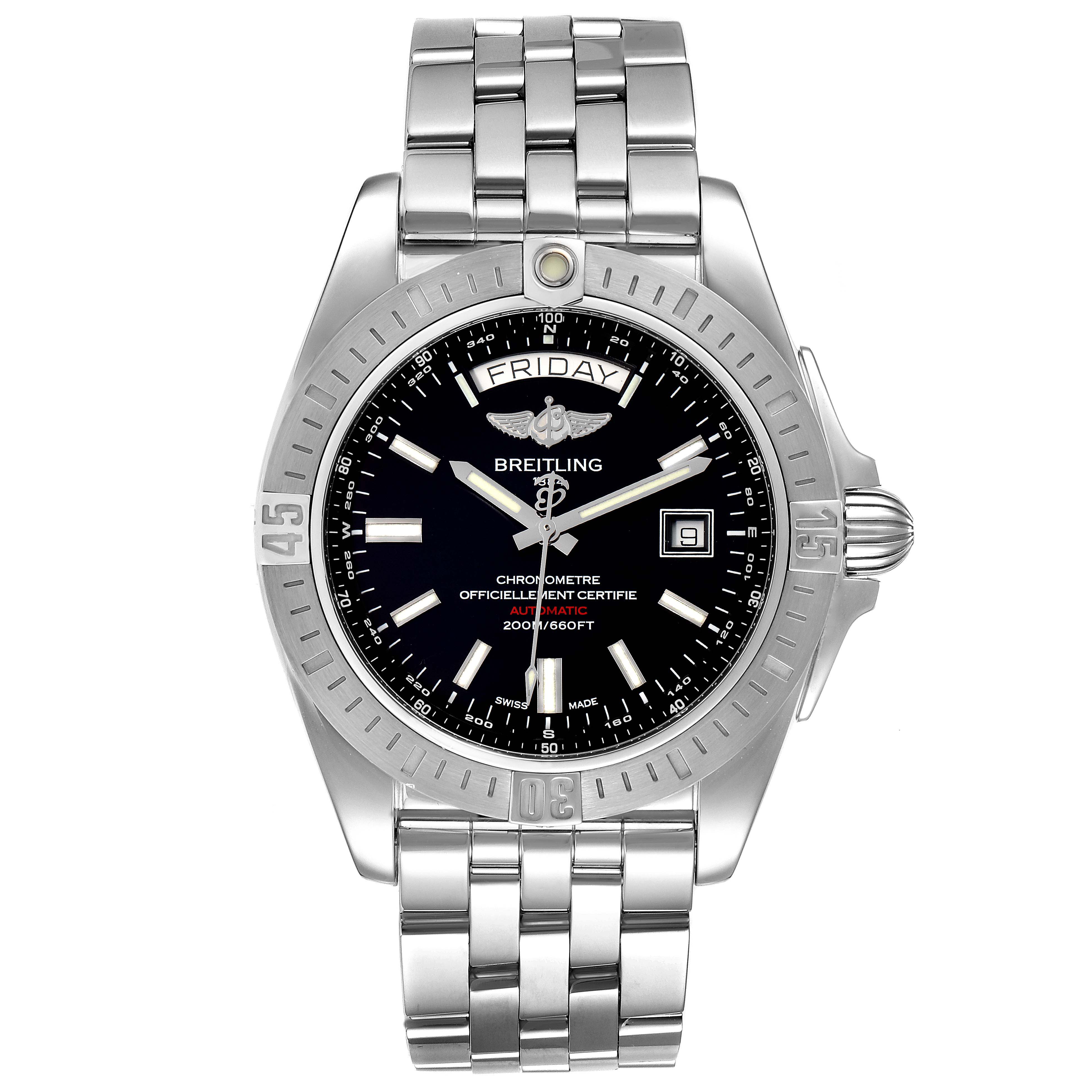 This image shows a frontal view of a Breitling Galactic A45320 Men's Stainless Steel Black Dial A45320 Men's Stainless Steel Black Dial model watch, highlighting its dial, bezel, crown, and bracelet.