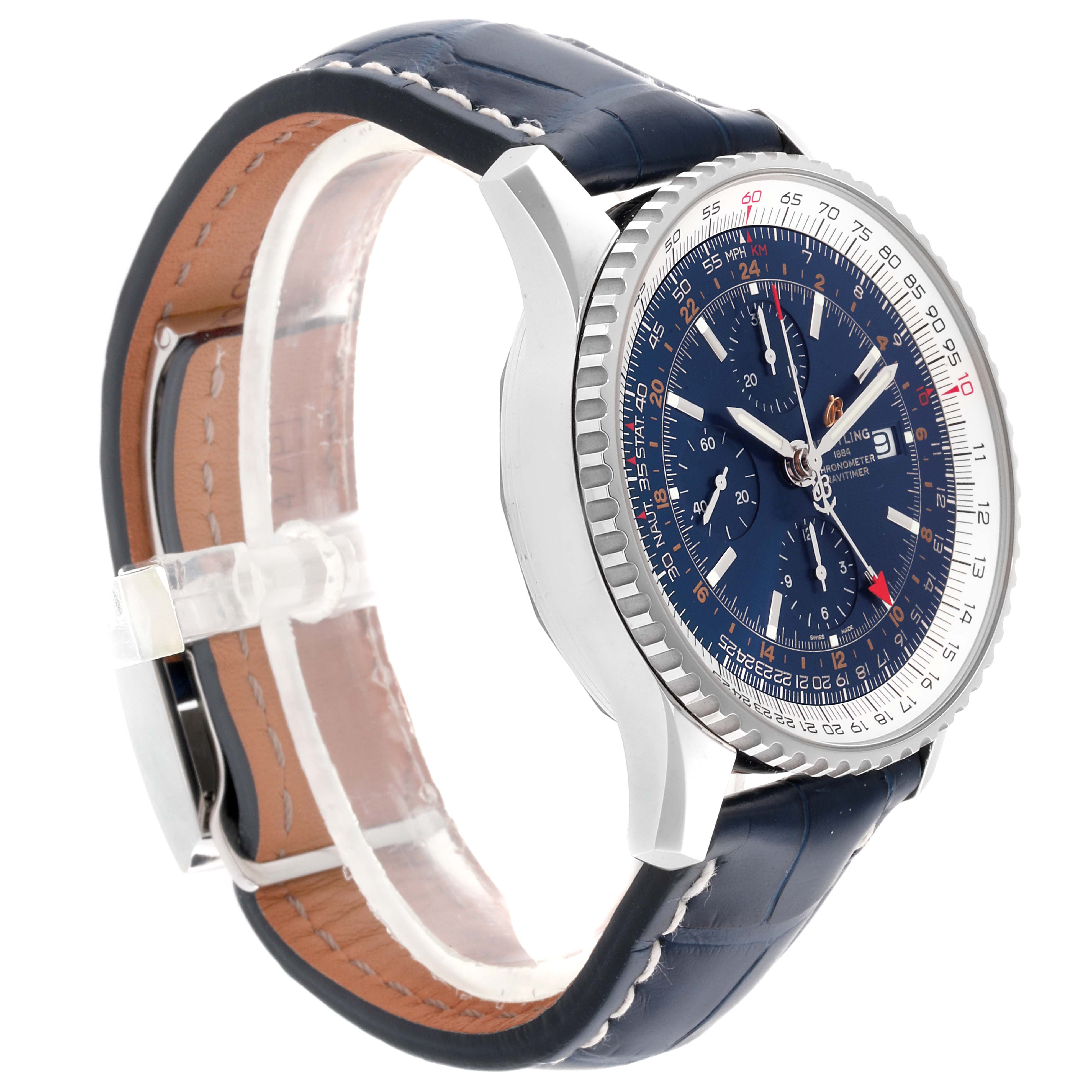 The image shows a side angle of a Breitling Navitimer A24322 Men's Stainless Steel Blue Dial A24322 Men's Stainless Steel Blue Dial watch highlighting its dial, bezel, and leather strap.