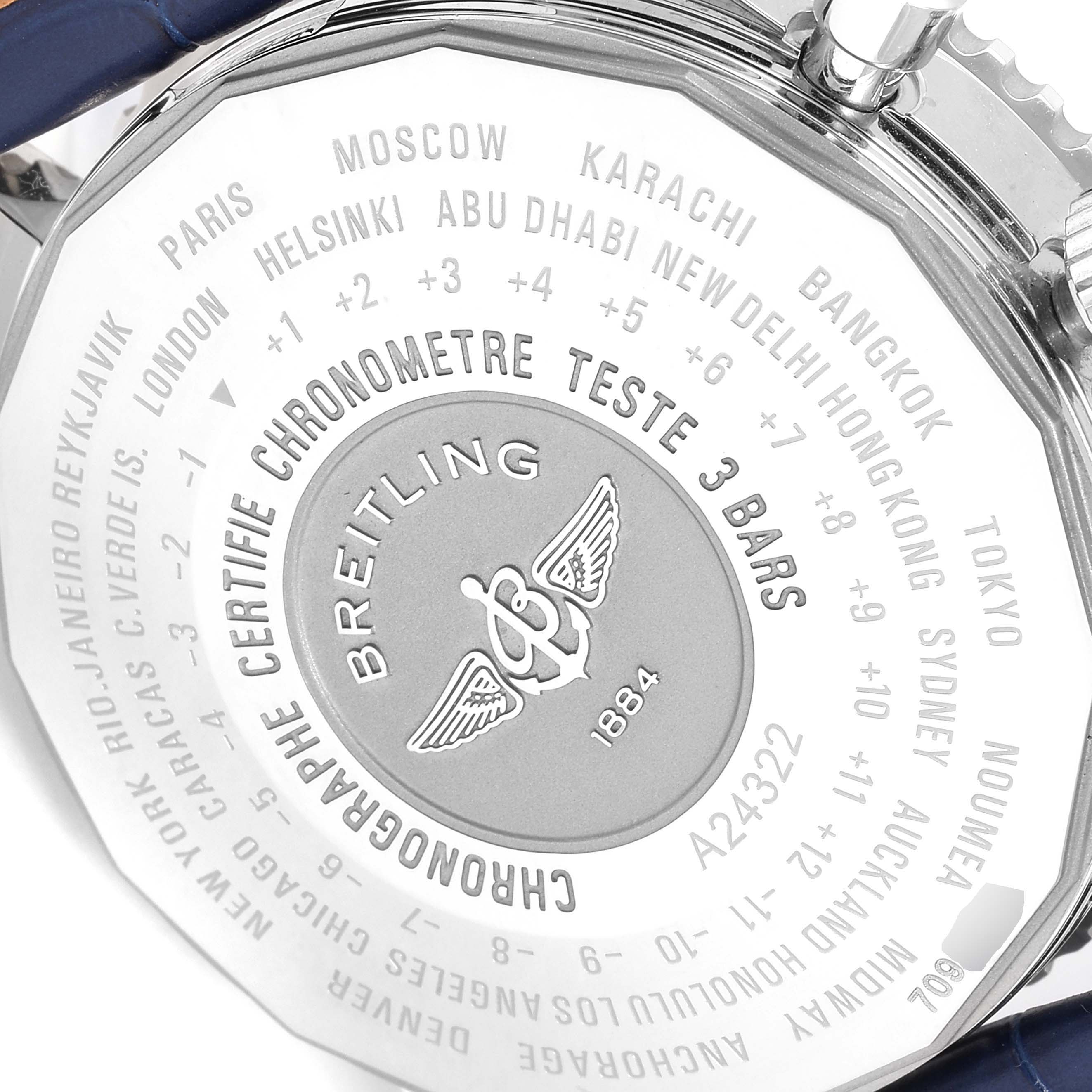 The image shows the back case of a Breitling Navitimer A24322 Men's Stainless Steel Blue Dial A24322 Men's Stainless Steel Blue Dial watch, displaying the brand logo, text inscription, and world cities list.