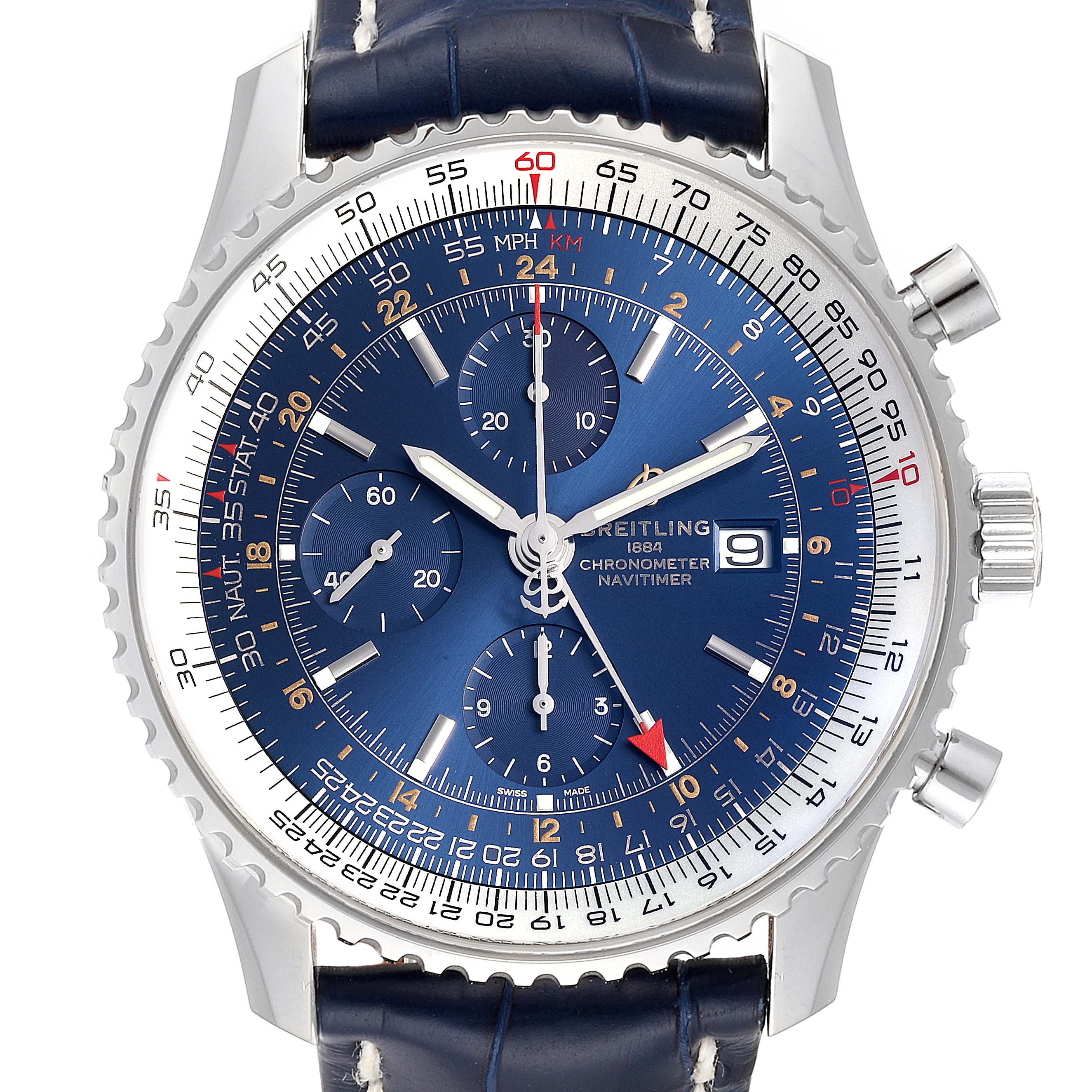 This is a front view of a Breitling Navitimer A24322 Men's Stainless Steel Blue Dial A24322 Men's Stainless Steel Blue Dial watch featuring a blue dial, three subdials, and a leather strap.