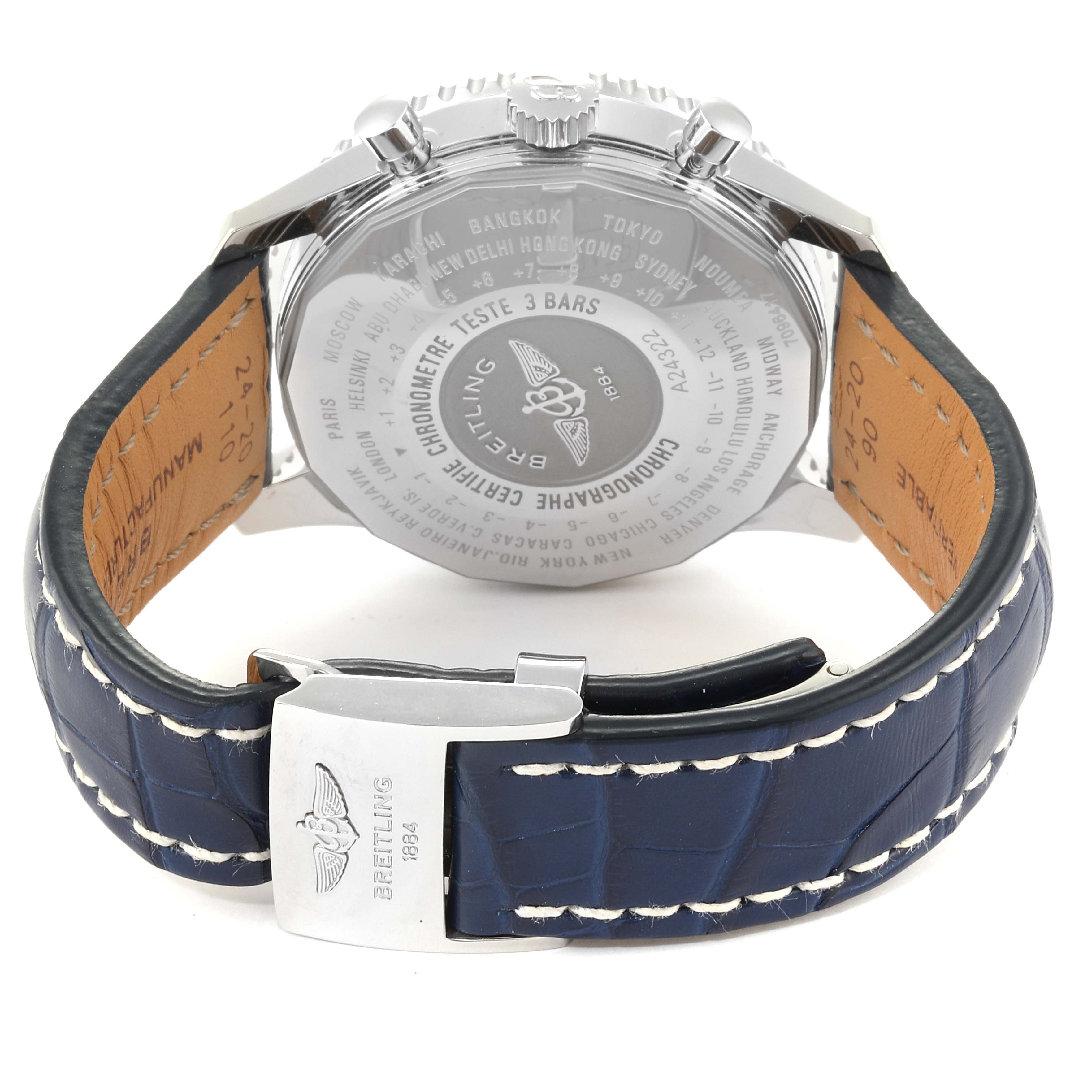 The image shows a Breitling Navitimer A24322 Men's Stainless Steel Blue Dial A24322 Men's Stainless Steel Blue Dial watch from a rear angle, highlighting the back case and the blue leather strap.