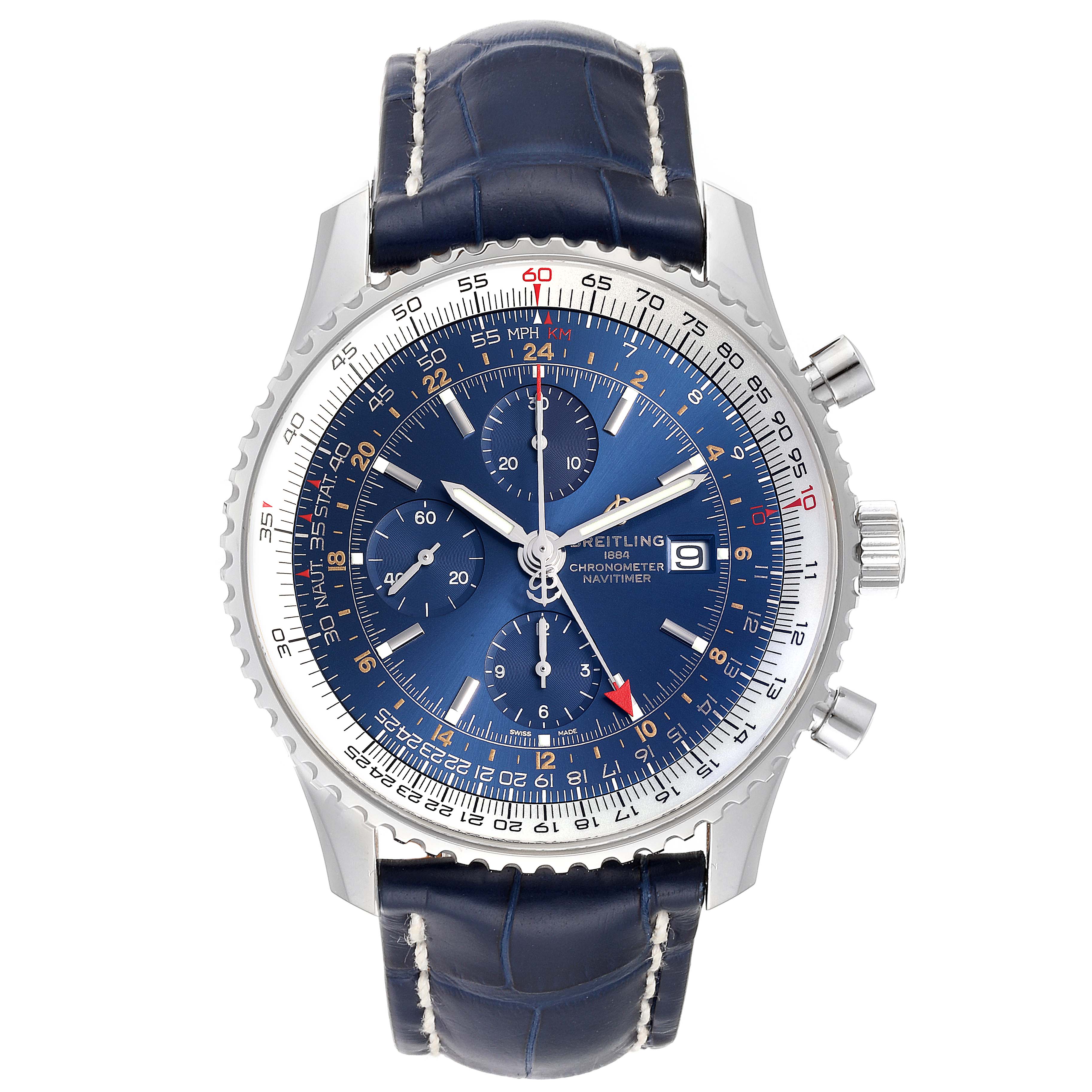 The image shows a front view of a Breitling Navitimer A24322 Men's Stainless Steel Blue Dial A24322 Men's Stainless Steel Blue Dial watch with a blue dial and blue leather strap.