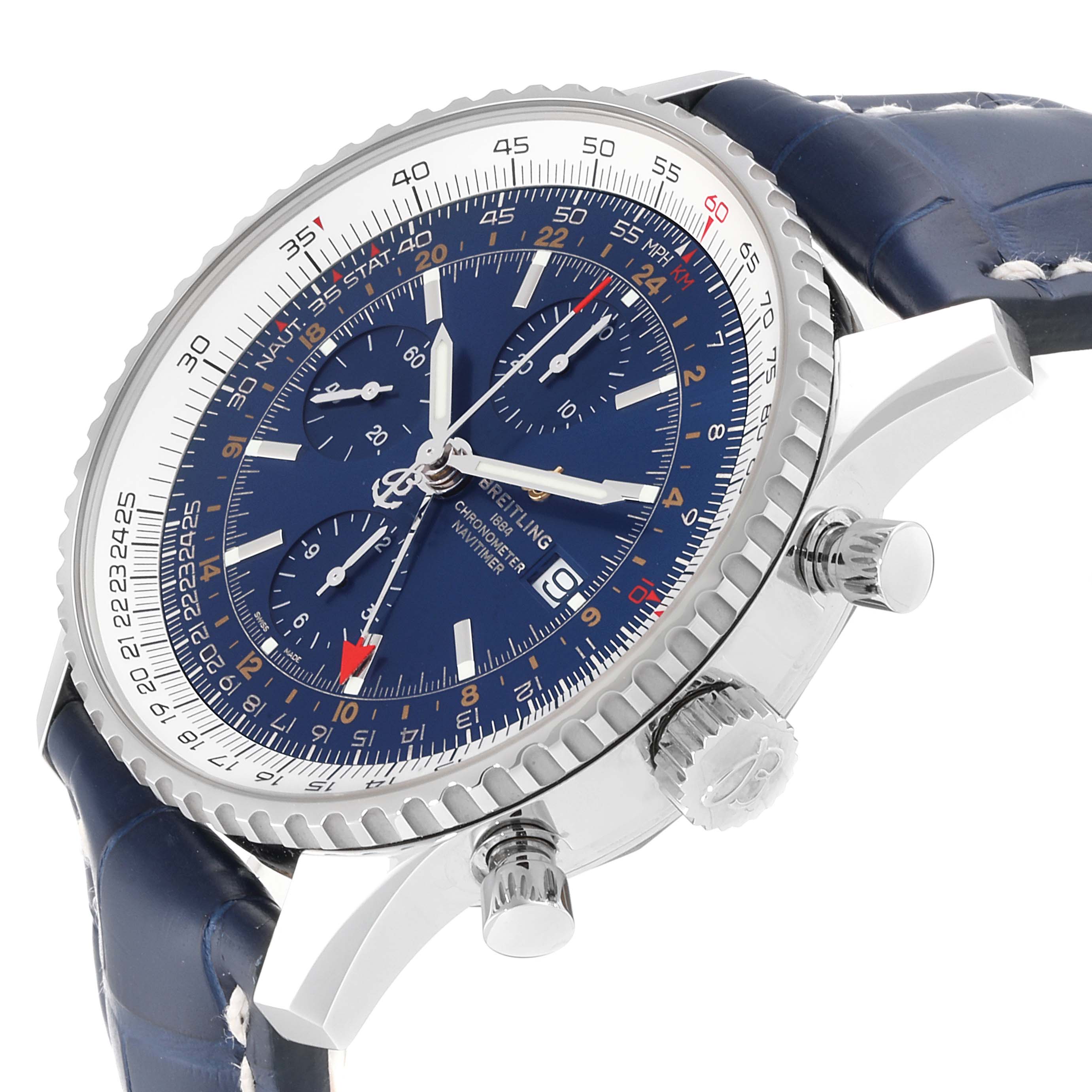 The image shows a side angle of a Breitling Navitimer A24322 Men's Stainless Steel Blue Dial A24322 Men's Stainless Steel Blue Dial watch, highlighting its blue dial, bezel, side buttons, and crown.