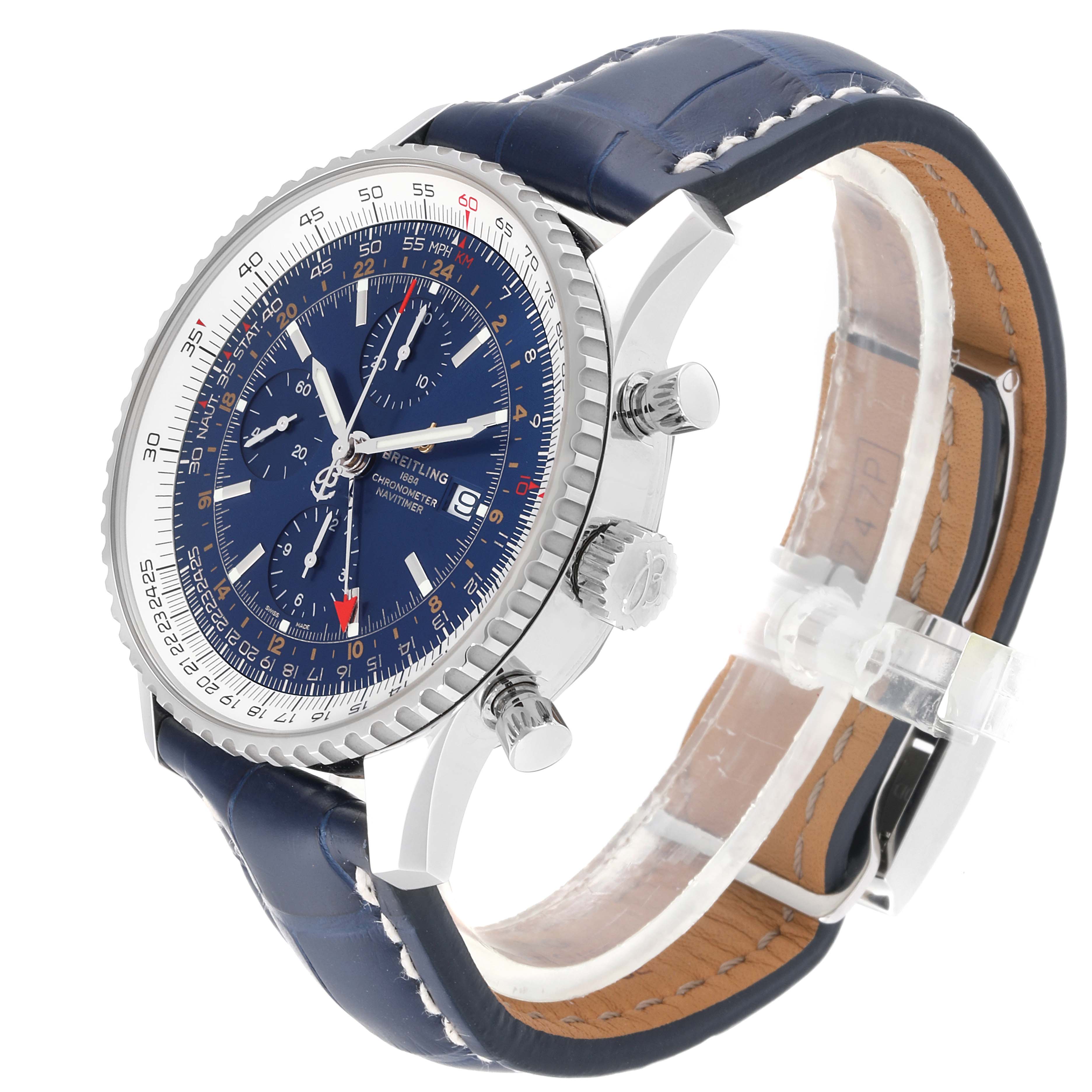 The image shows a side and angled view of a Breitling Navitimer A24322 Men's Stainless Steel Blue Dial A24322 Men's Stainless Steel Blue Dial watch, highlighting its face, bezel, crown, pushers, and strap.
