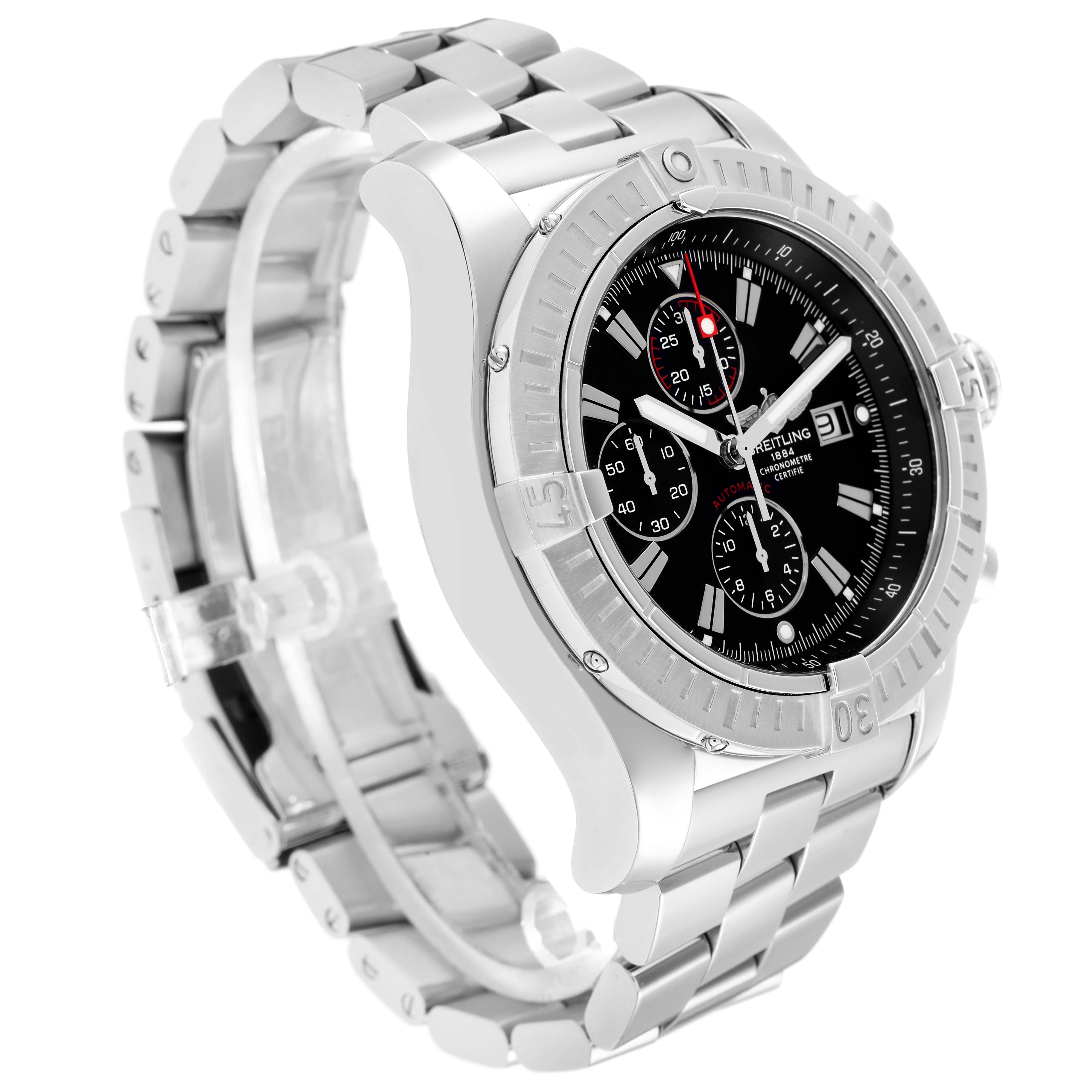 The Breitling Avenger A13370 Men
s Stainless Steel Black Dial watch is shown from a three-quarter angle, highlighting the bezel, dial, bracelet, and pushers.