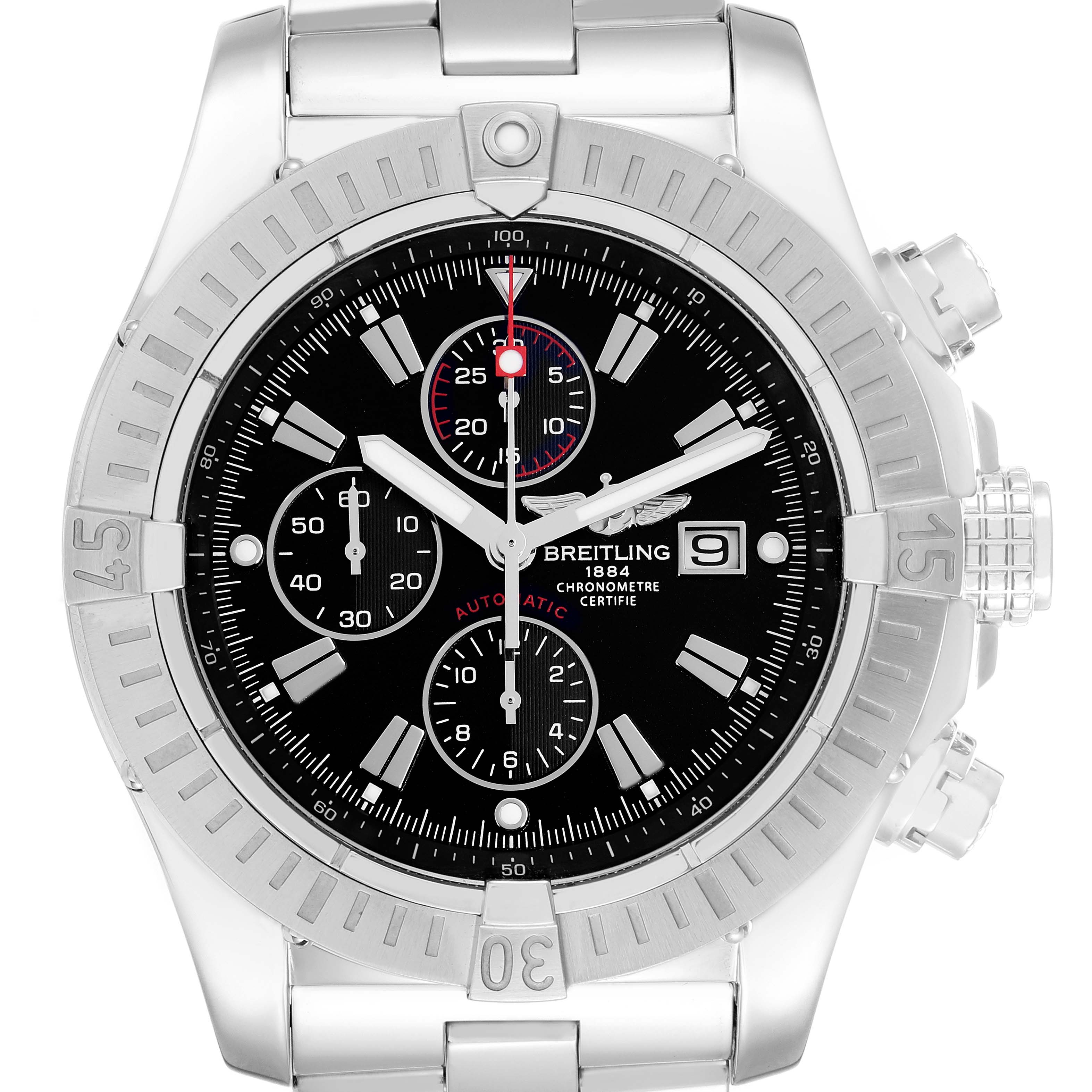 The Breitling Avenger A13370 Men
s Stainless Steel Black Dial watch is shown from a front angle, displaying the bezel, dial, subdials, and metal bracelet.