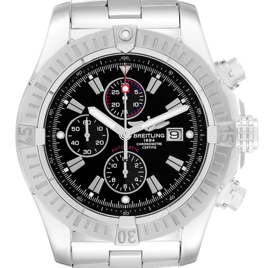 The Breitling Avenger model A13370 watch is shown from a front angle, displaying the full face, bezel, and part of the bracelet.