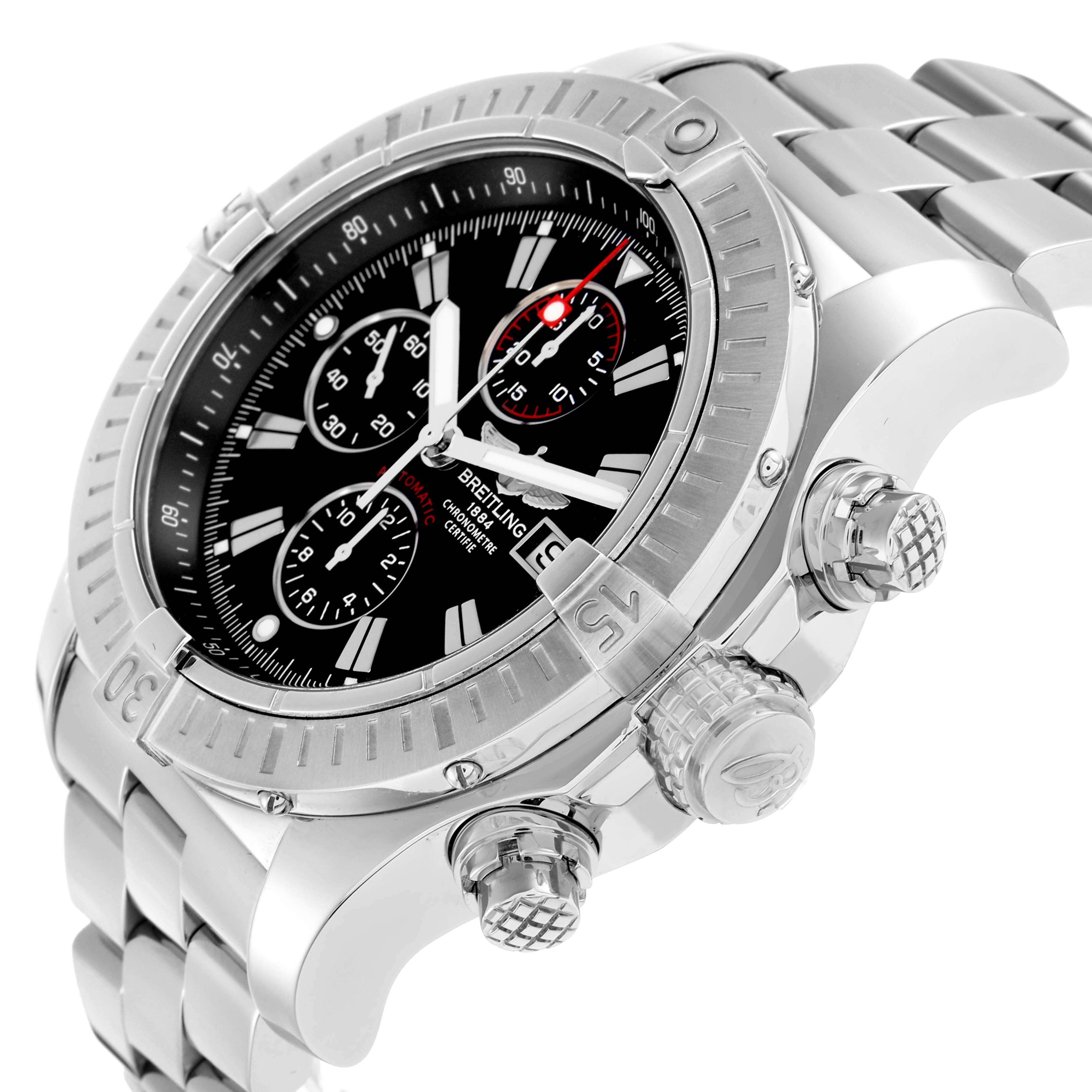 The Breitling Avenger A13370 Men
s Stainless Steel Black Dial watch is shown from a three-quarter angle, showcasing the bezel, dial, and crown.