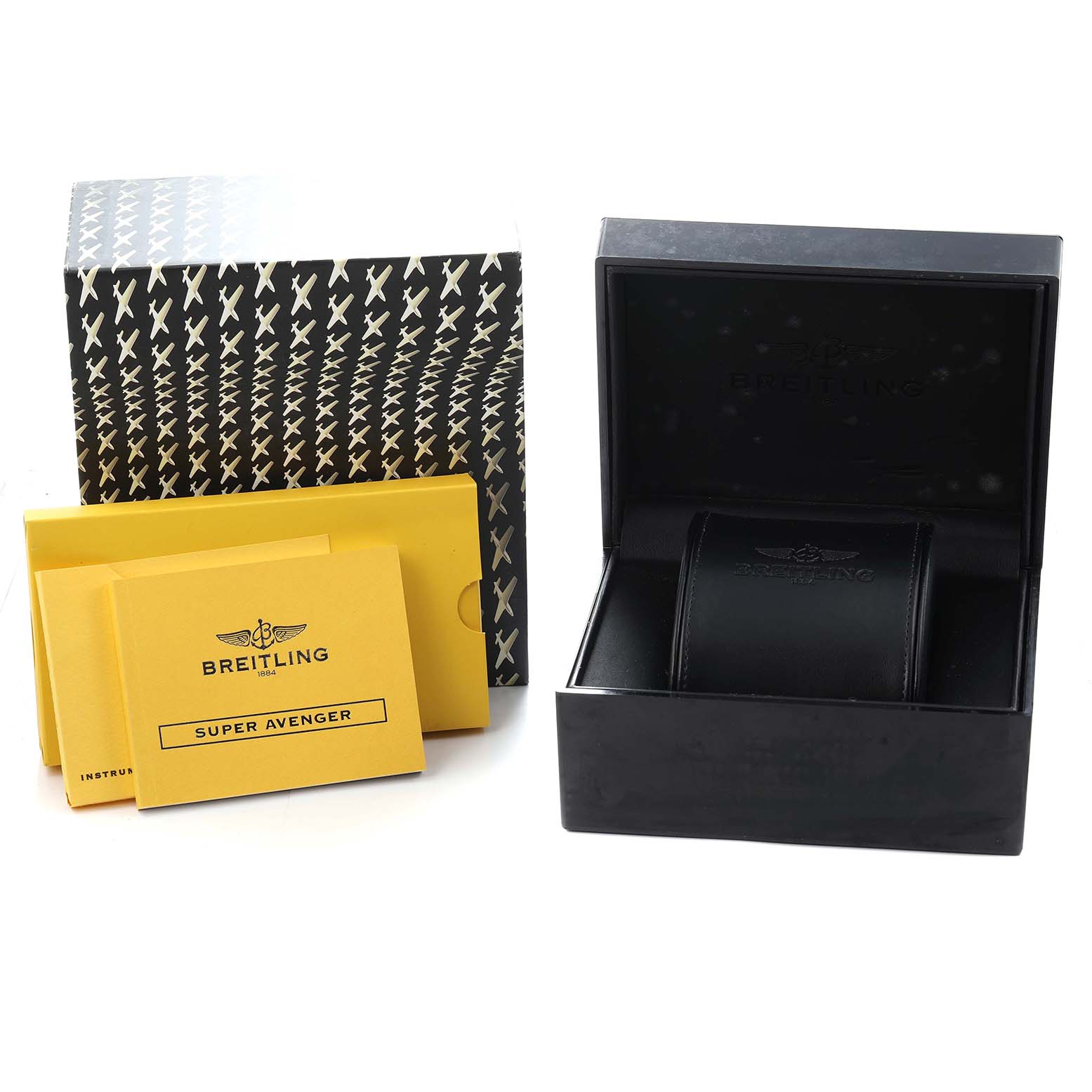 The image shows the packaging and case for a Breitling Avenger A13370 Men
s Stainless Steel Black Dial watch, including a branded box and instruction manuals.