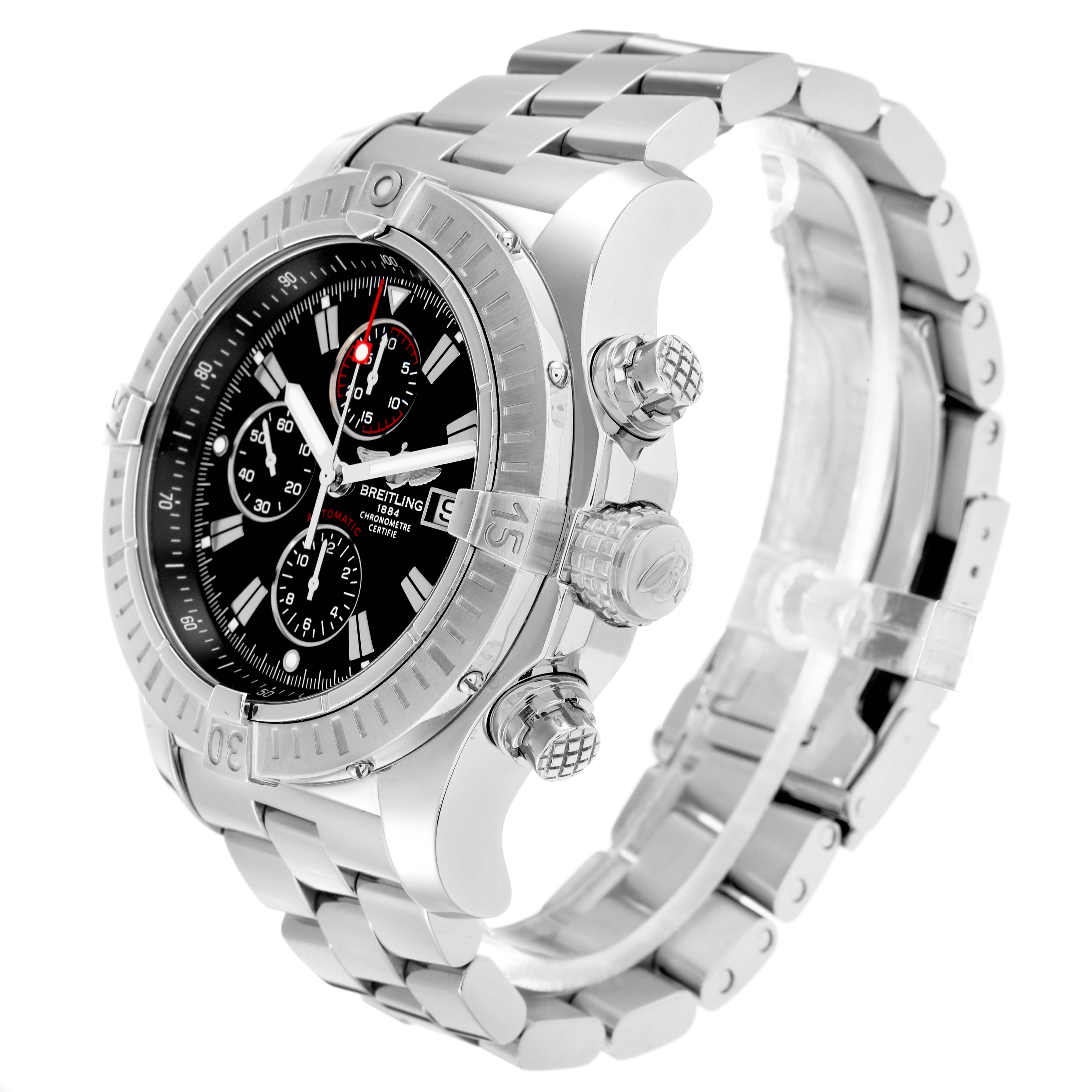 The Breitling Avenger A13370 Men
s Stainless Steel Black Dial watch is shown at a three-quarter angle, displaying the bezel, crown, pushers, and metal bracelet.