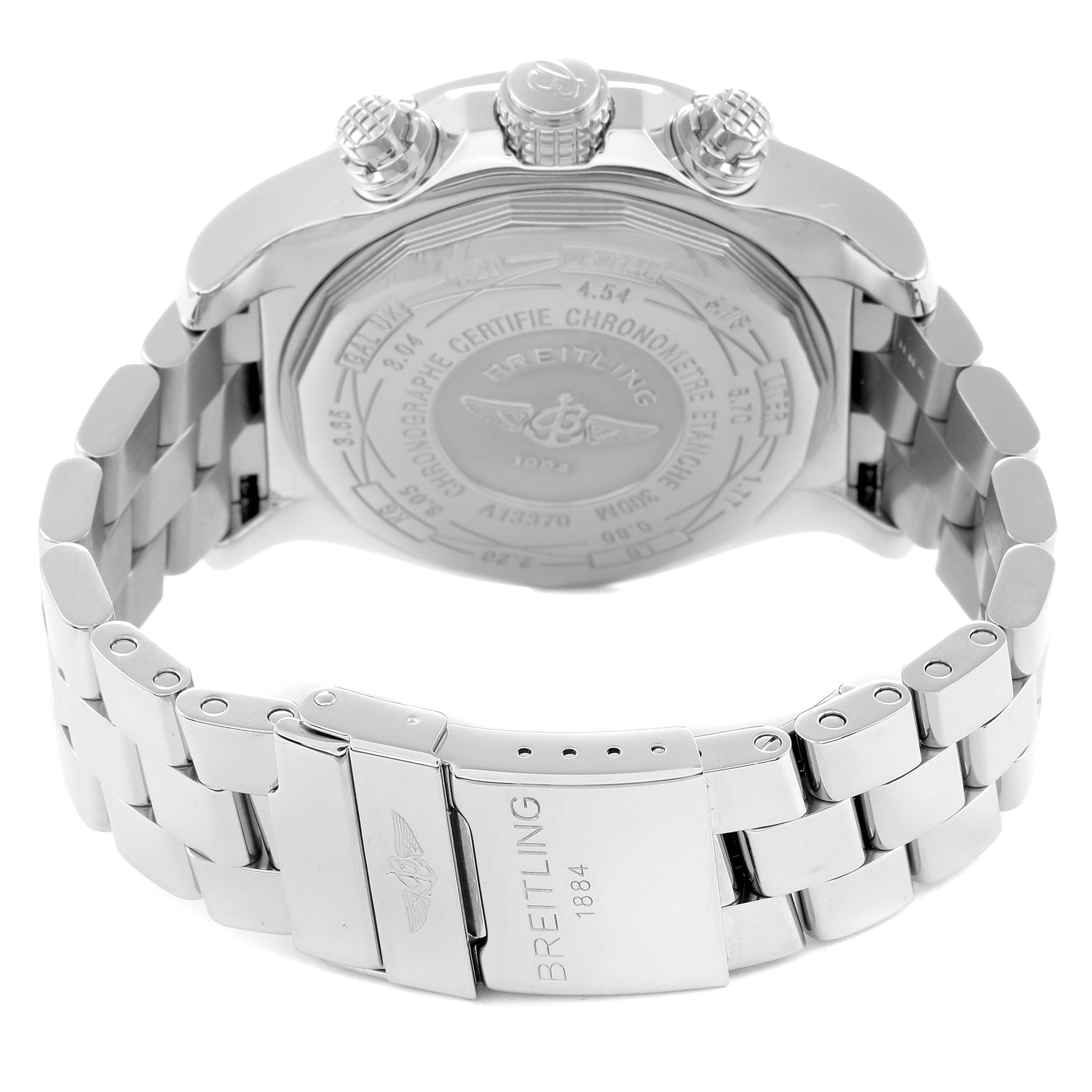 The image shows the back case and bracelet clasp of a Breitling Avenger A13370 Men
s Stainless Steel Black Dial watch from a rear angle.