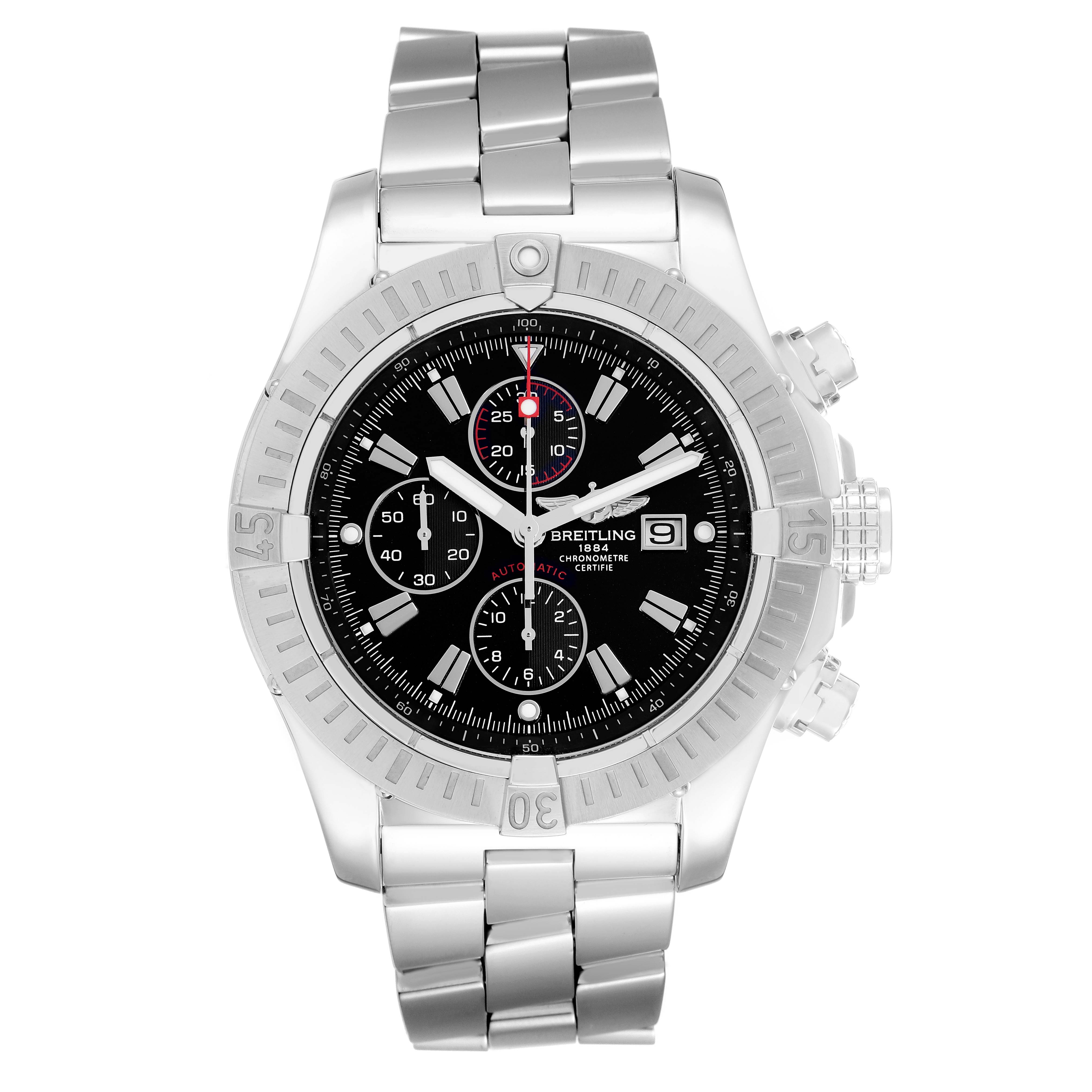The Breitling Avenger A13370 Men
s Stainless Steel Black Dial watch is shown from a front angle, displaying the dial, bezel, crown, pushers, and bracelet.
