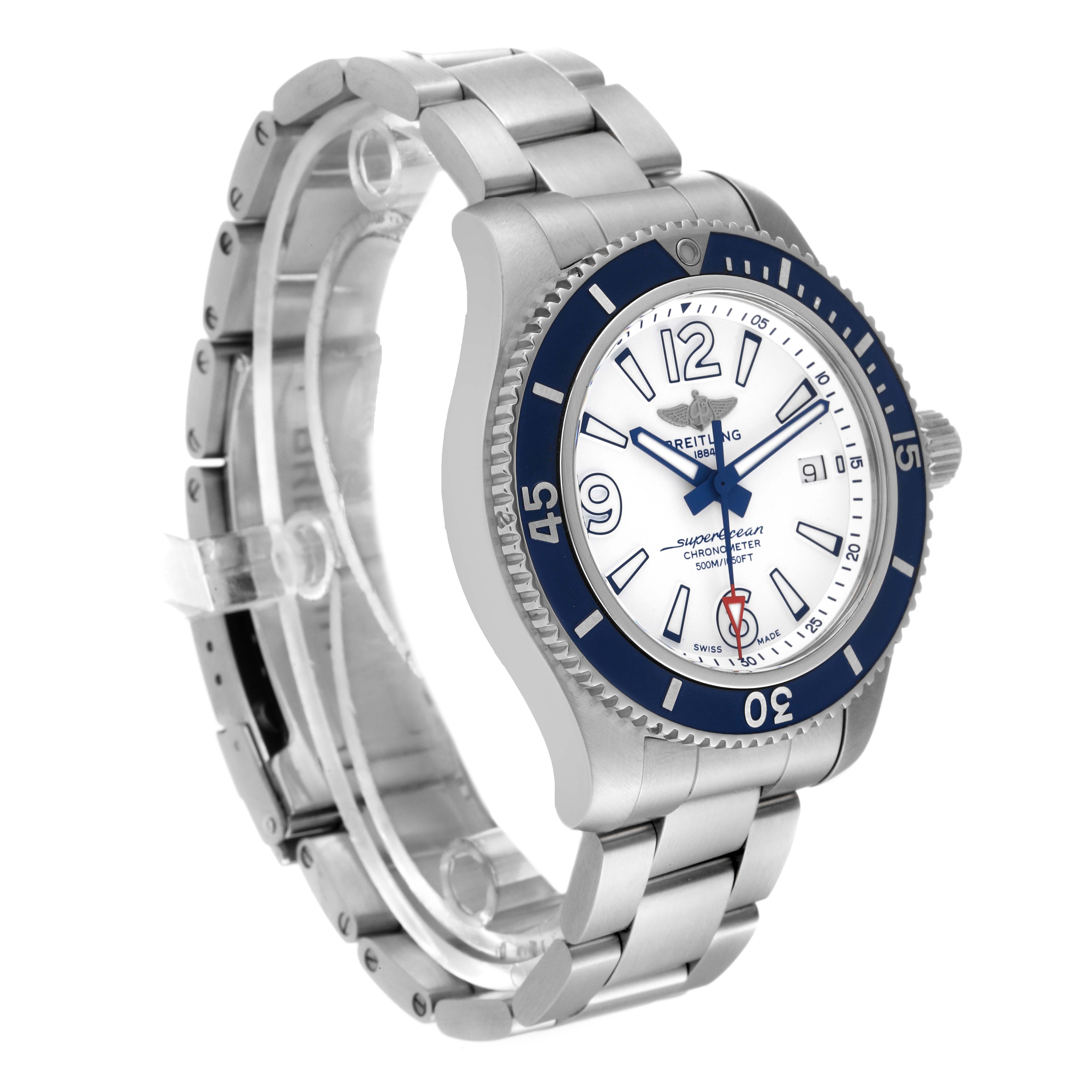 The Breitling A17366 Men's Stainless Steel White Dial A17366 Men's Stainless Steel White Dial Superocean 42 White Dial Steel Mens Watch A17366 is shown at a three-quarter angle, displaying the bracelet, casing, and dial.