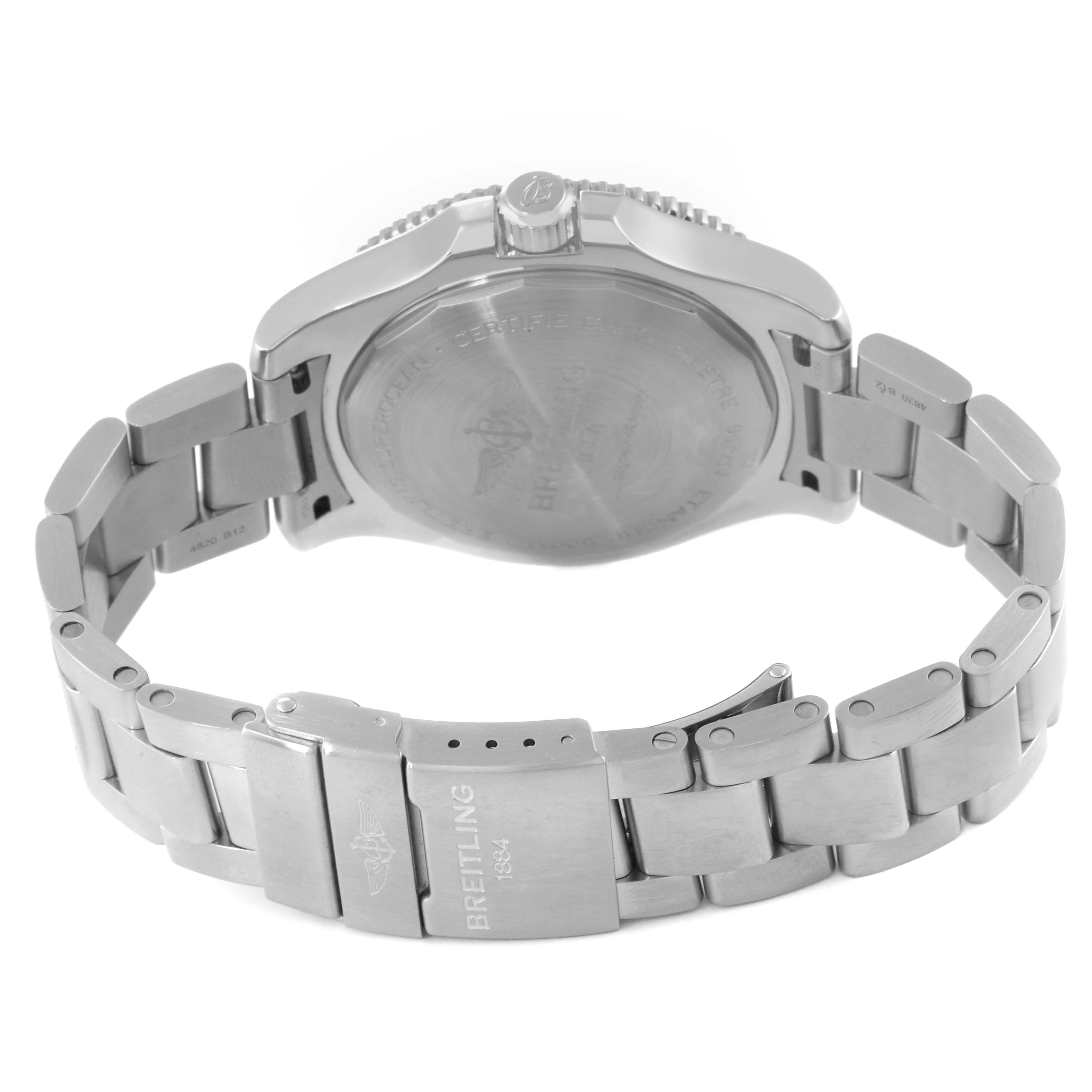 The image shows the back view of the Breitling A17366 Men's Stainless Steel White Dial A17366 Men's Stainless Steel White Dial Superocean 42 White Dial Steel Men's Watch A17366, highlighting the case back and bracelet.