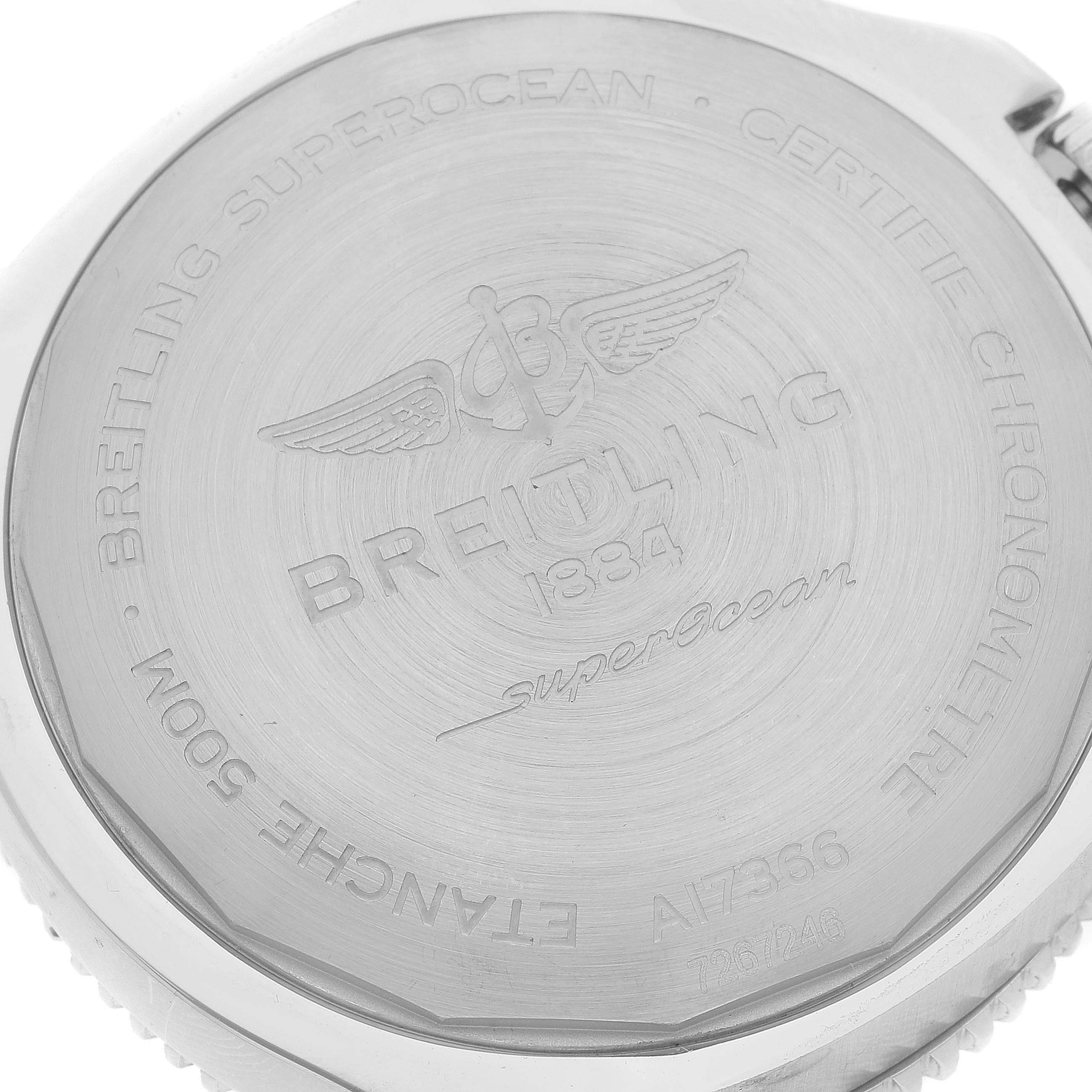 This image shows the case back of the Breitling A17366 Men's Stainless Steel White Dial A17366 Men's Stainless Steel White Dial Superocean 42 White Dial Steel Mens Watch A17366 model.