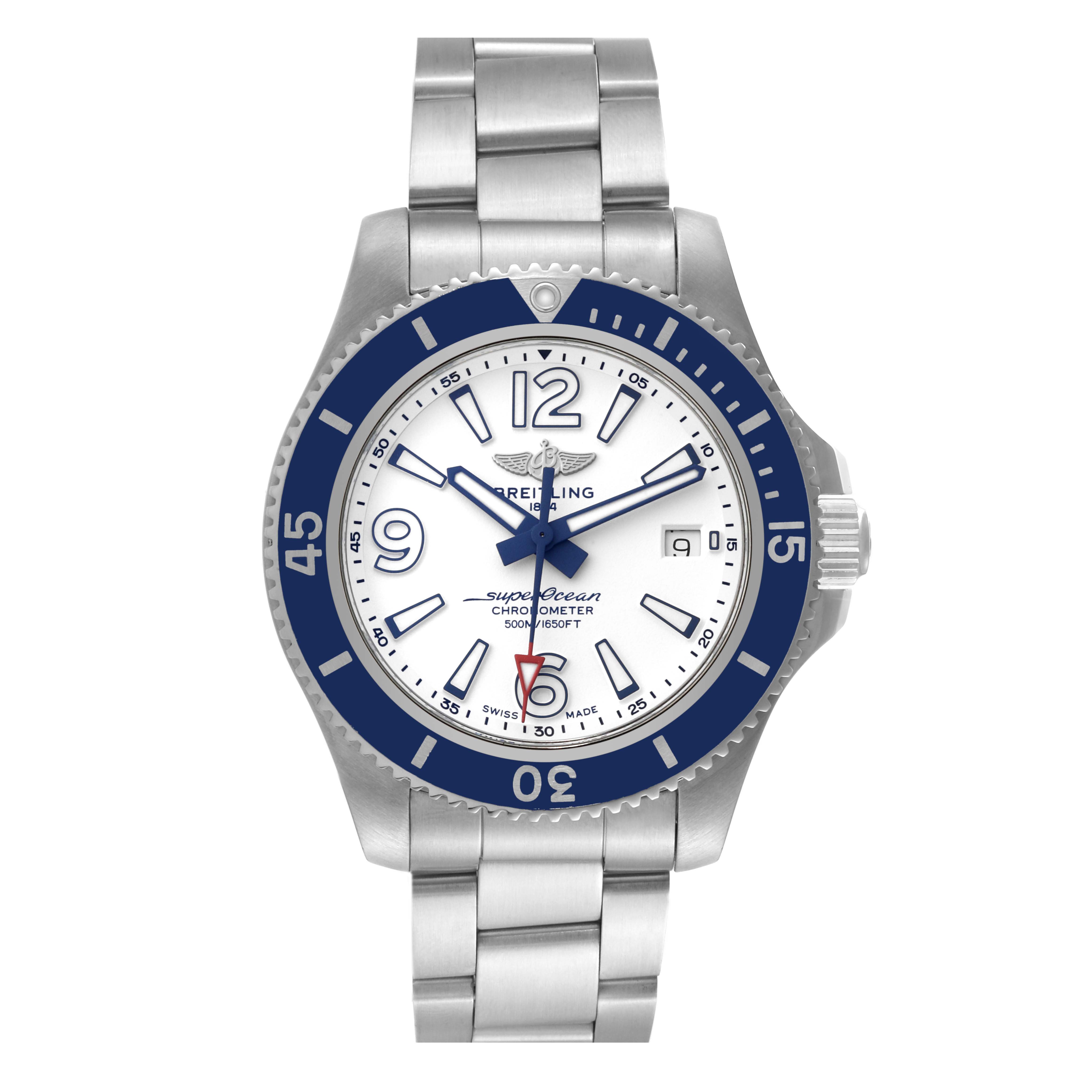 The Breitling A17366 Men's Stainless Steel White Dial A17366 Men's Stainless Steel White Dial Superocean 42 A17366 watch is shown from the front, displaying the white dial, bezel, and steel bracelet.