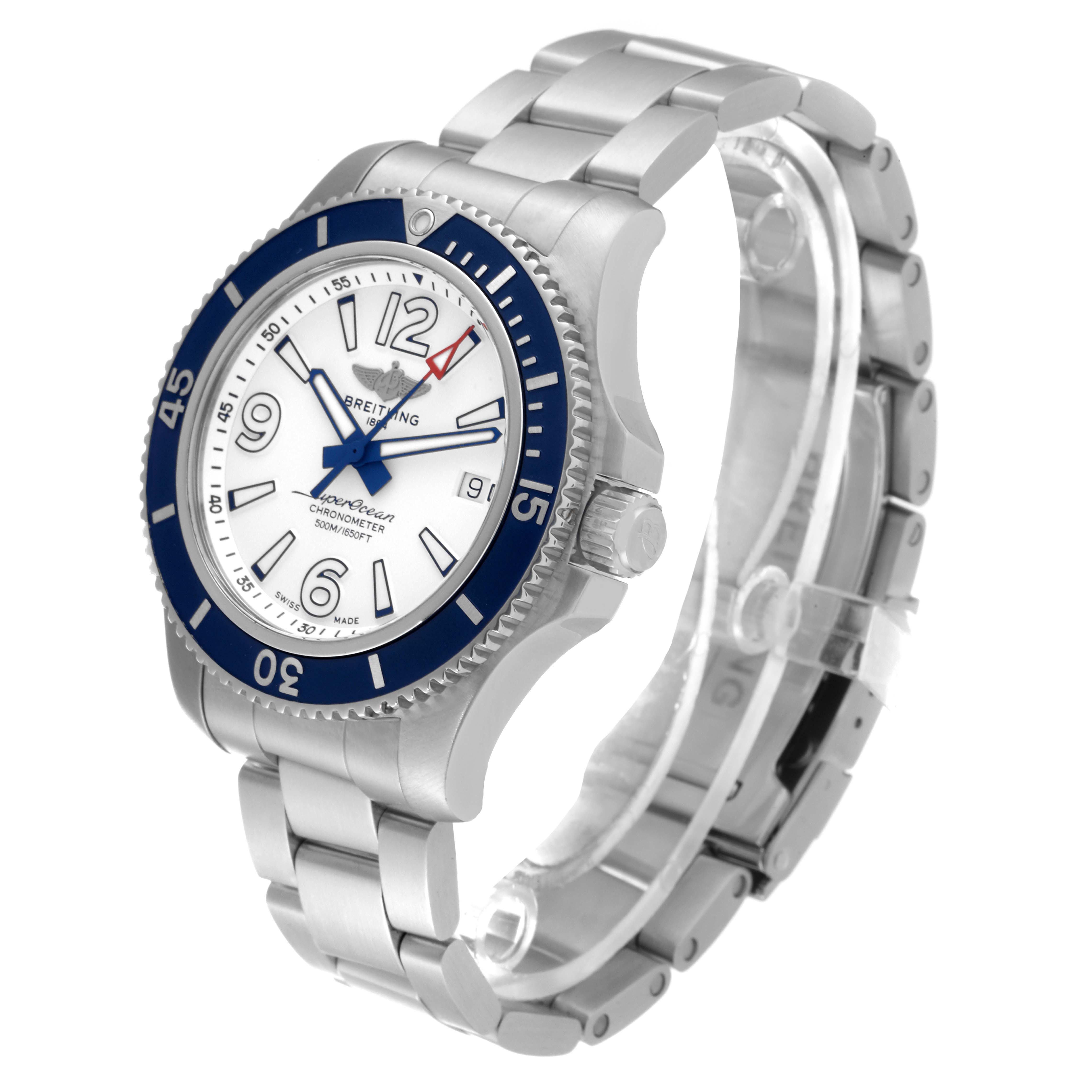 The Superocean 42 White Dial Steel Mens Watch A17366 by Breitling A17366 Men's Stainless Steel White Dial A17366 Men's Stainless Steel White Dial is shown at an angled side view, highlighting the dial, bezel, and bracelet.