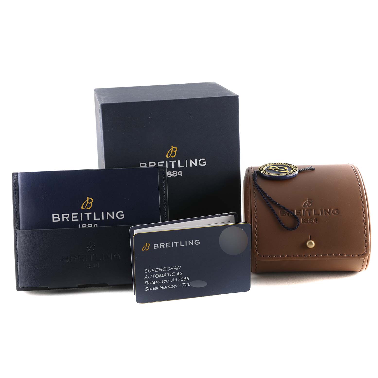 This image shows the box, warranty card, travel pouch, and documentation for the Breitling A17366 Men's Stainless Steel White Dial A17366 Men's Stainless Steel White Dial Superocean 42 White Dial Steel Men's Watch A17366.