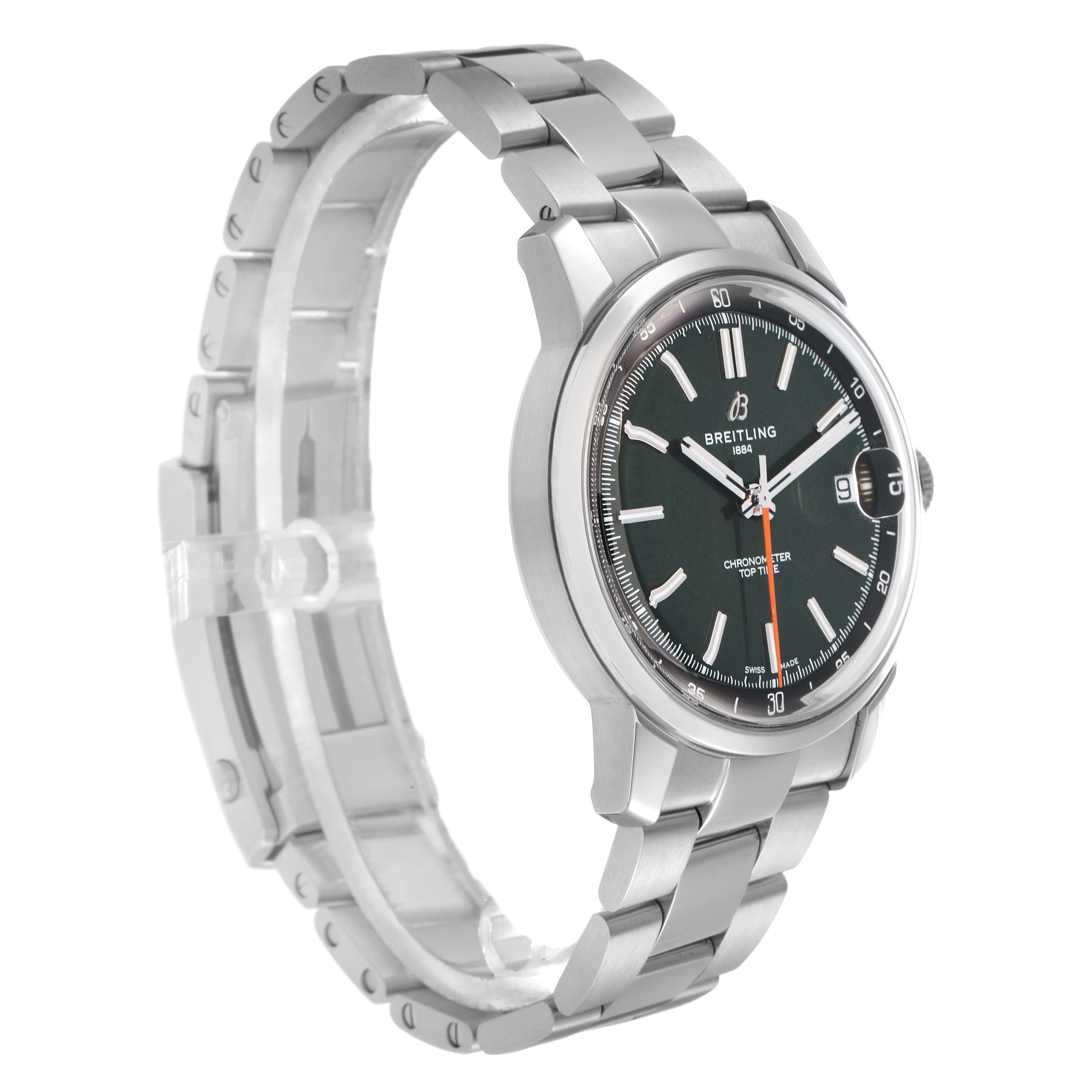 The Breitling Premier AB3113 Men
s Stainless Steel Green Dial watch is shown from a front-left angle, displaying the face, case, and bracelet.