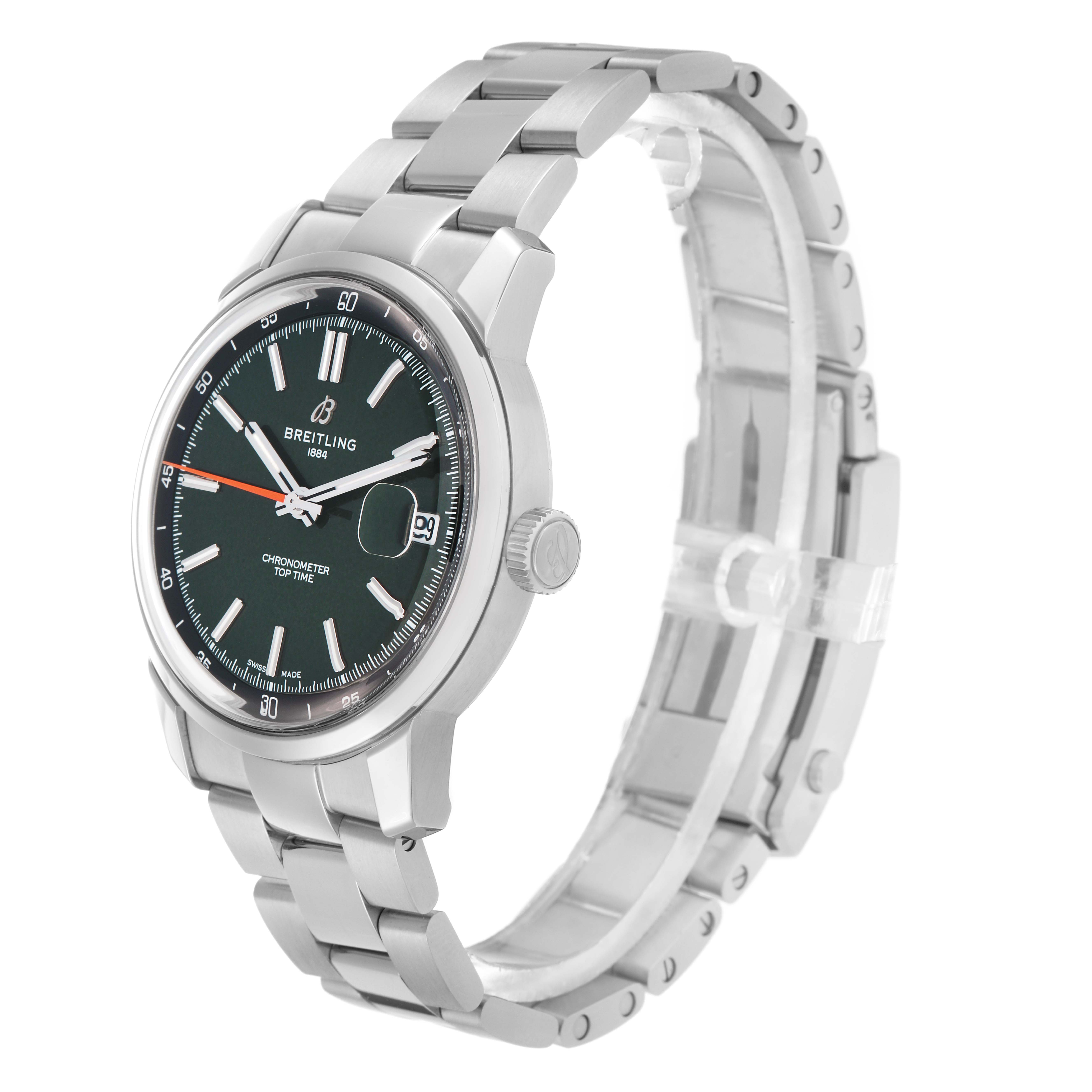 The Breitling Premier AB3113 Men
s Stainless Steel Green Dial watch is shown at a three-quarter angle, displaying the face, bezel, crown, and metal bracelet.