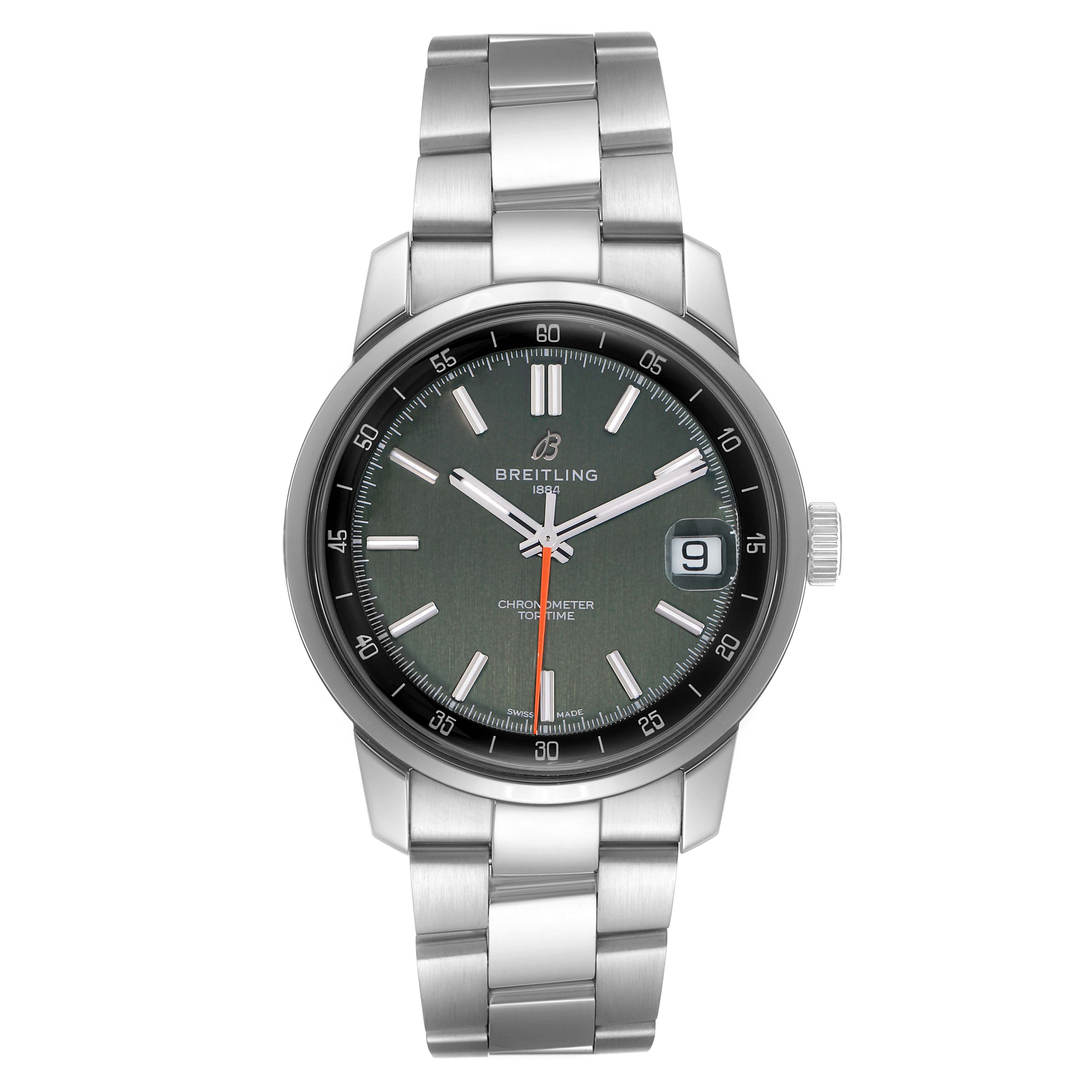 The Breitling Premier AB3113 Men
s Stainless Steel Green Dial watch is shown from a front angle, highlighting its dial, hands, bracelet, and date window.
