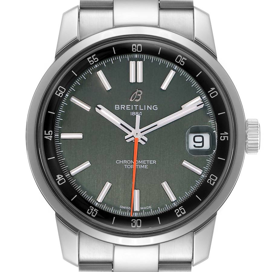 The Breitling Premier model AB3113 men's watch is shown from a front angle, displaying its dial, hands, indices, date window, and stainless steel bracelet.