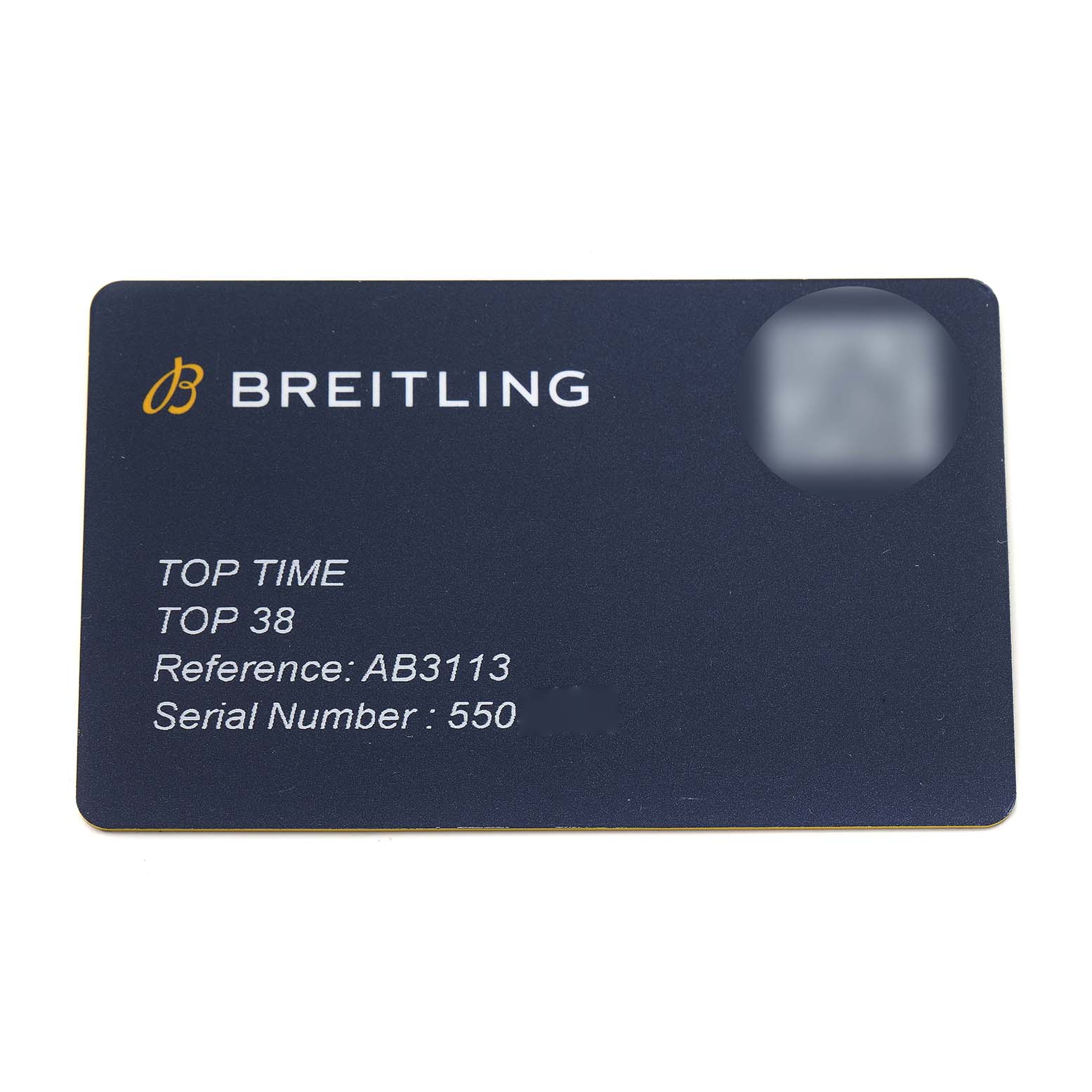The image shows a Breitling warranty card for the Premier model, displaying reference and serial numbers.