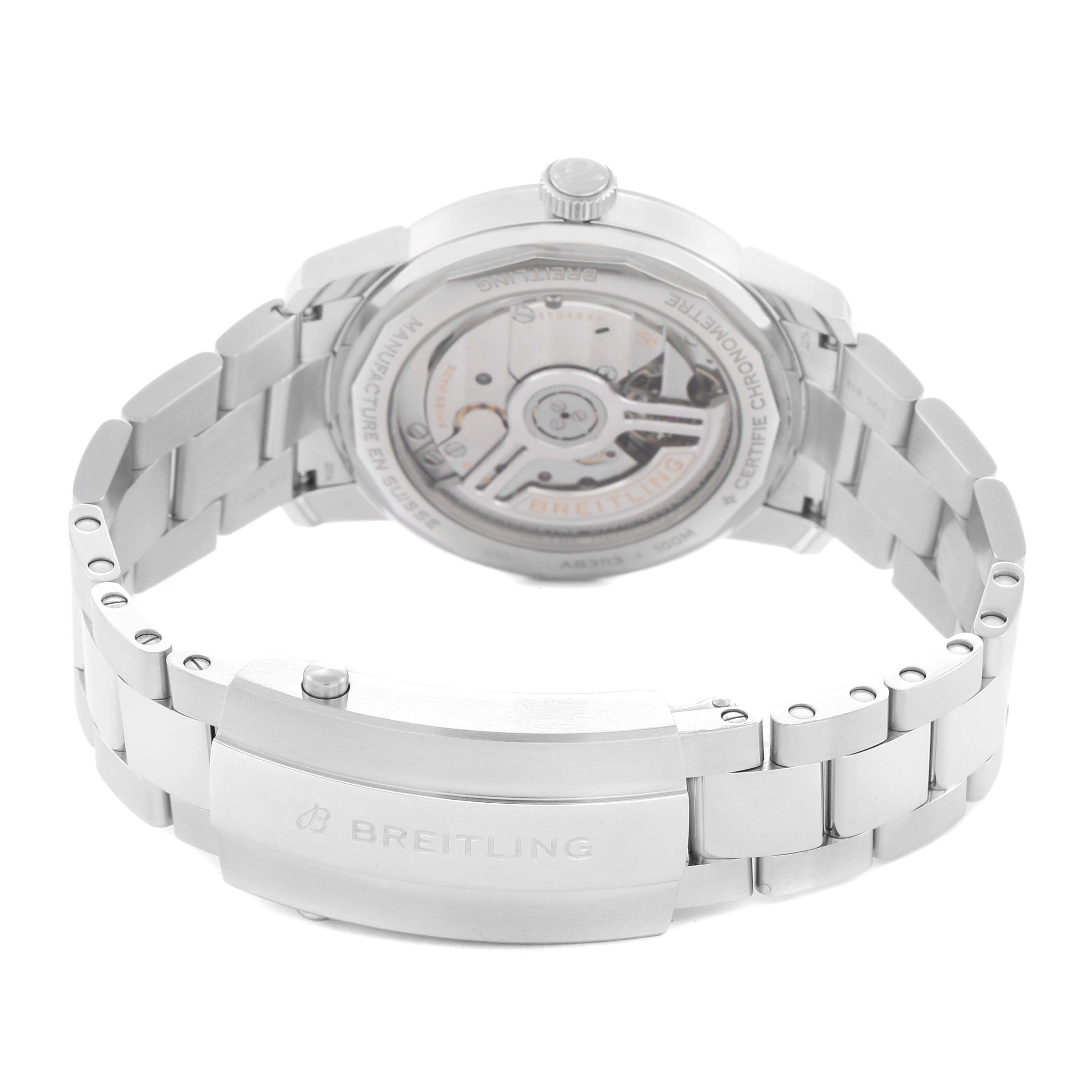 The Breitling Premier AB3113 Men
s Stainless Steel Green Dial watch is shown from the back, highlighting the exposed movement and clasp with the brand logo.