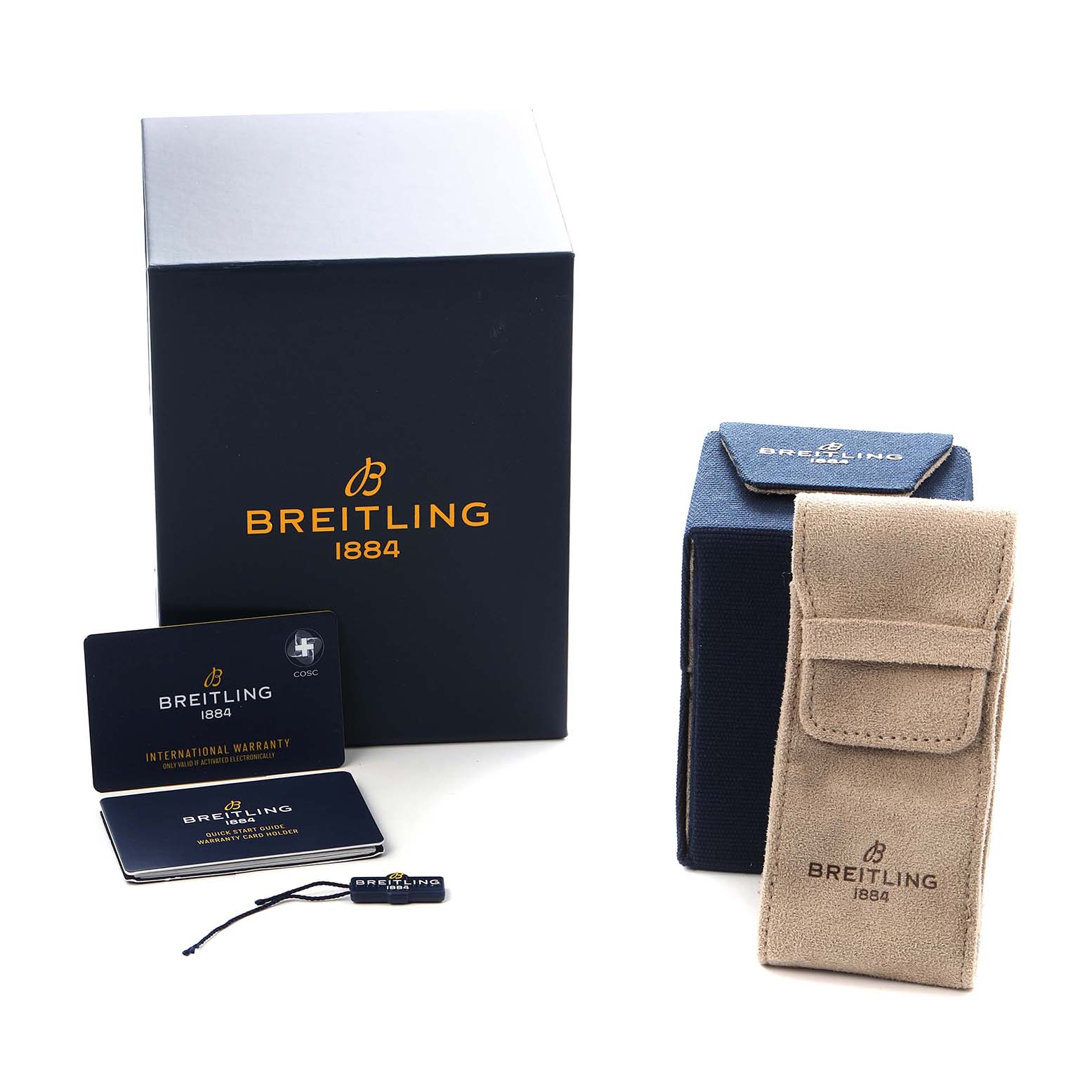 The image shows packaging and accessories for the Breitling Premier AB3113 Men
s Stainless Steel Green Dial model, including boxes, a pouch, and warranty cards.