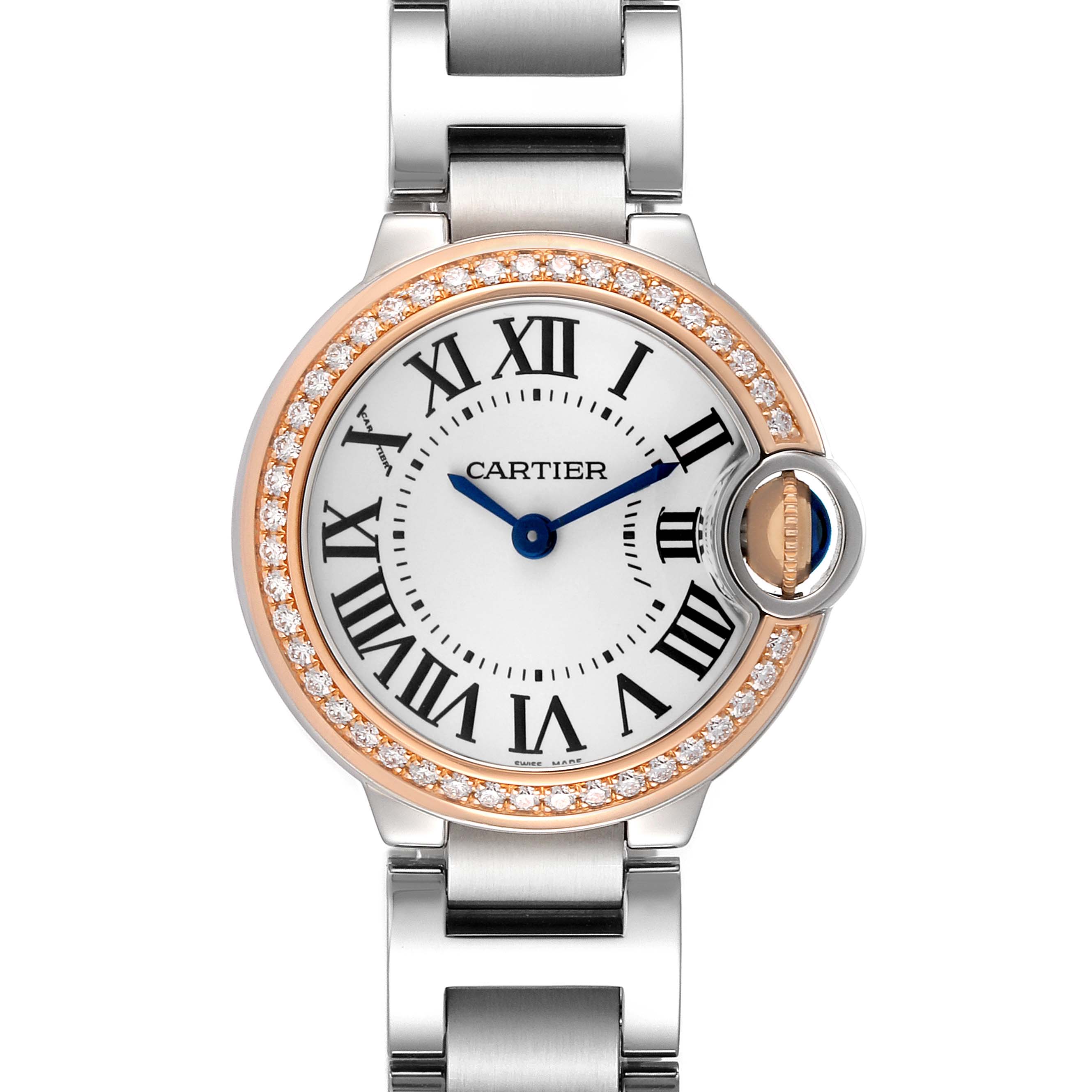 The Ballon Bleu by Cartier is shown from a top view, highlighting its round face, diamond bezel, Roman numerals, and metal bracelet.
