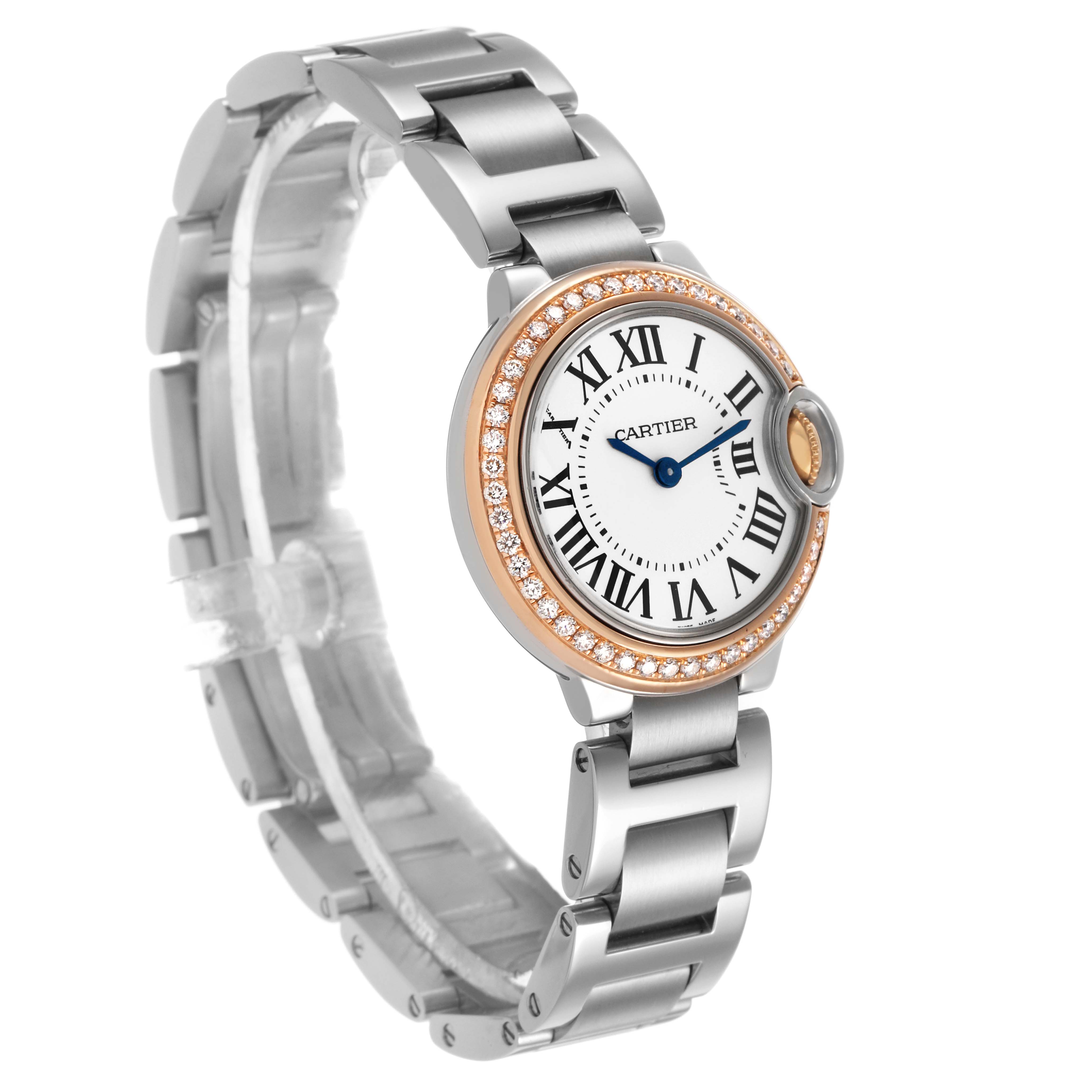 The Cartier Ballon Bleu WE902079 Women's Steel and Gold (two tone) Silver Dial watch is shown from a front-left angle, highlighting the face, bracelet, and diamond-encrusted bezel.