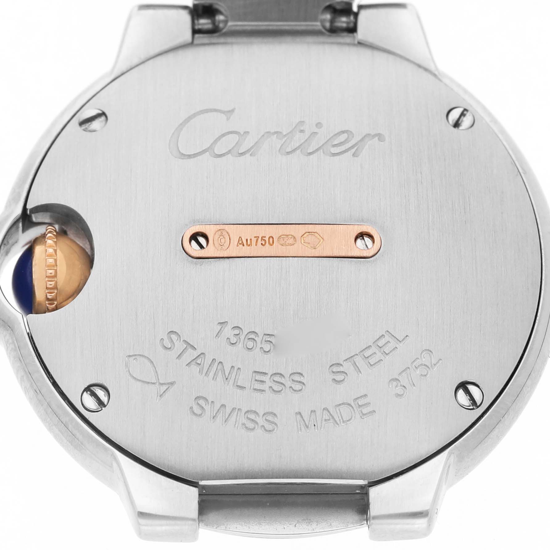 The image shows the back of a Cartier Ballon Bleu WE902079 Women's Steel and Gold (two tone) Silver Dial watch, detailing the stainless steel case and part of the bracelet.