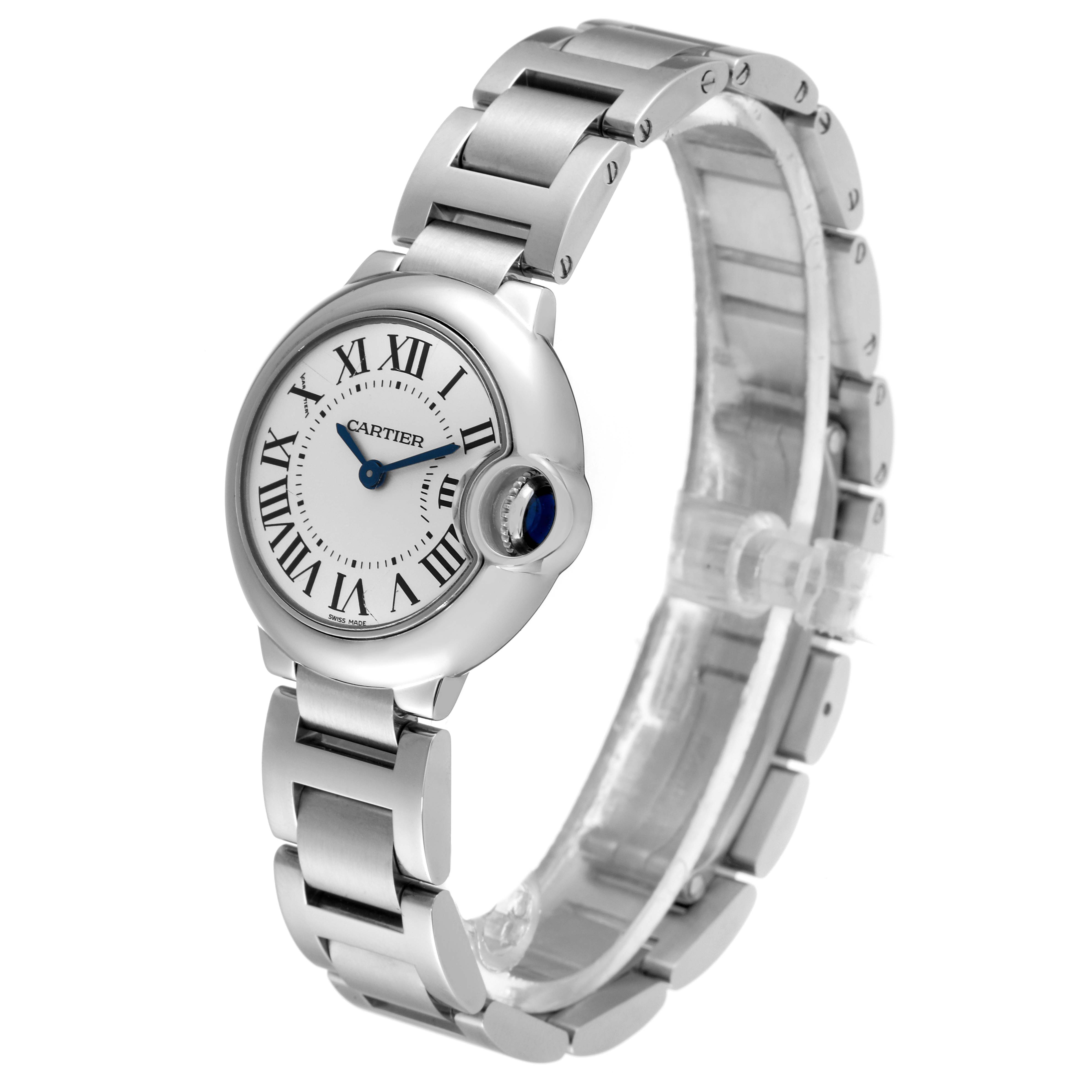 The image shows a Cartier Ballon Bleu W69010Z4 Women
s Stainless Steel Silver Dial W69010Z4 Women
s Stainless Steel Silver Dial watch at a slight angle, highlighting the face, bracelet, and crown.