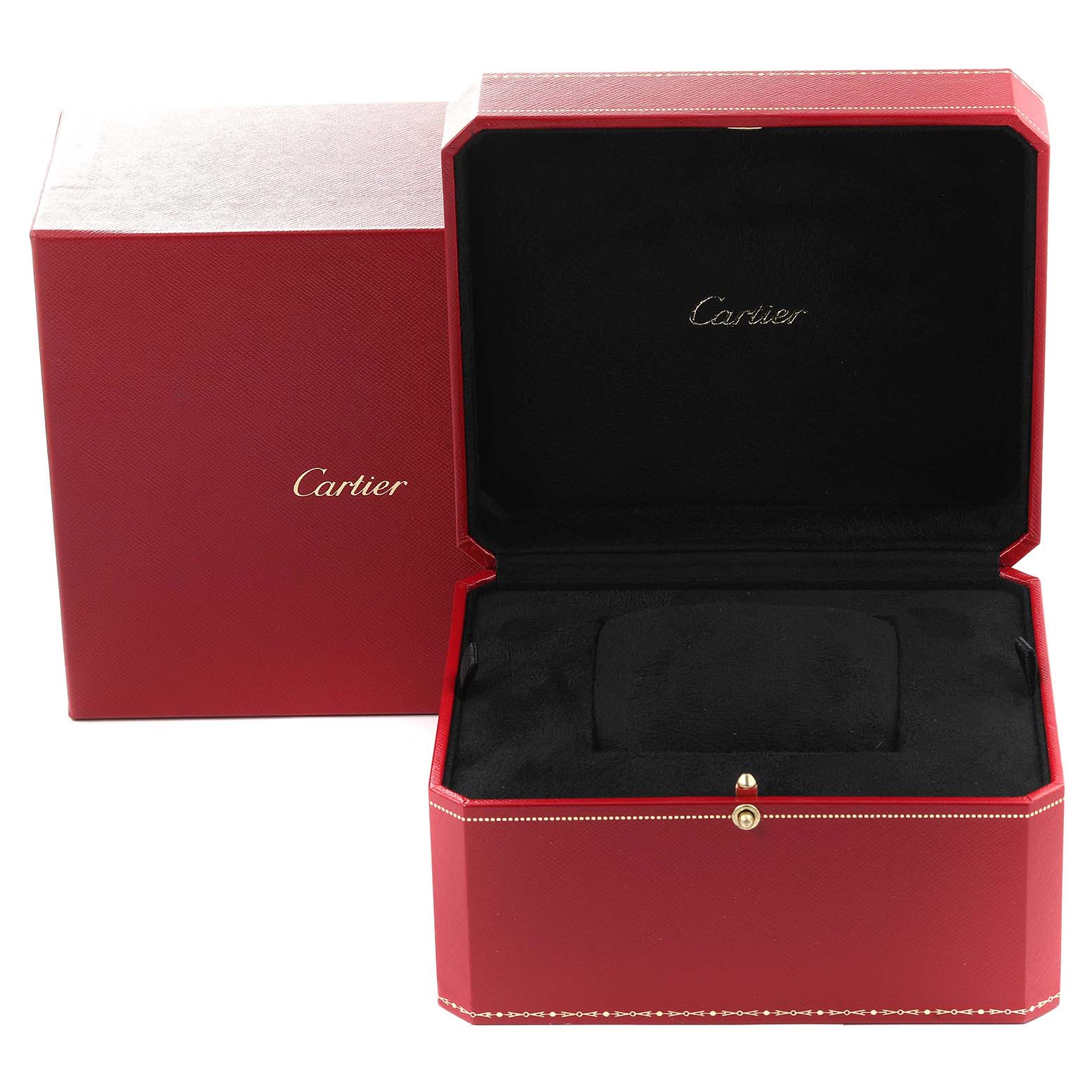 This image shows a red Cartier Ballon Bleu W69010Z4 Women
s Stainless Steel Silver Dial W69010Z4 Women
s Stainless Steel Silver Dial watch box with its lid open, revealing a black interior.