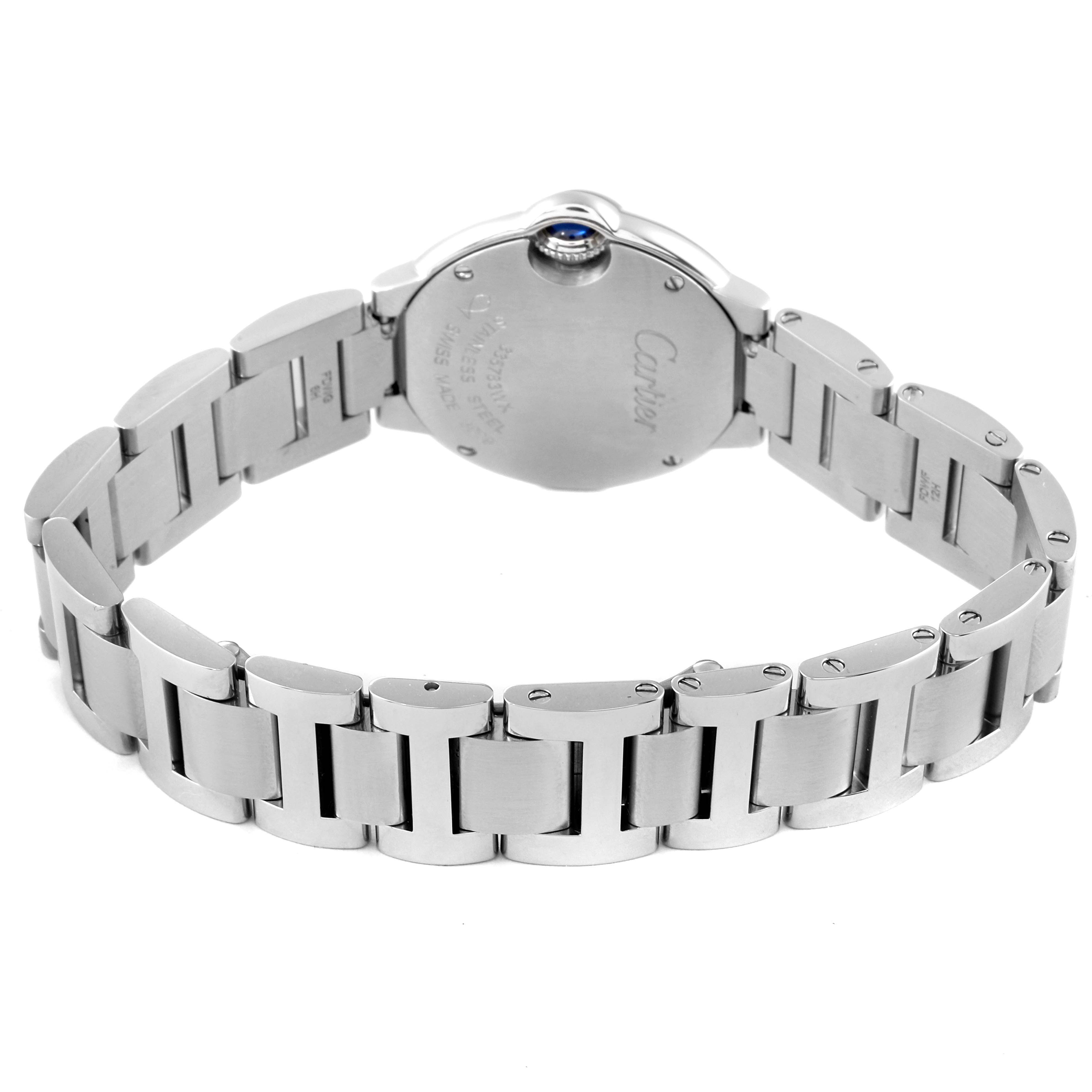 The image shows the back case and bracelet of a Cartier Ballon Bleu W69010Z4 Women
s Stainless Steel Silver Dial W69010Z4 Women
s Stainless Steel Silver Dial watch, photographed from a rear angle.