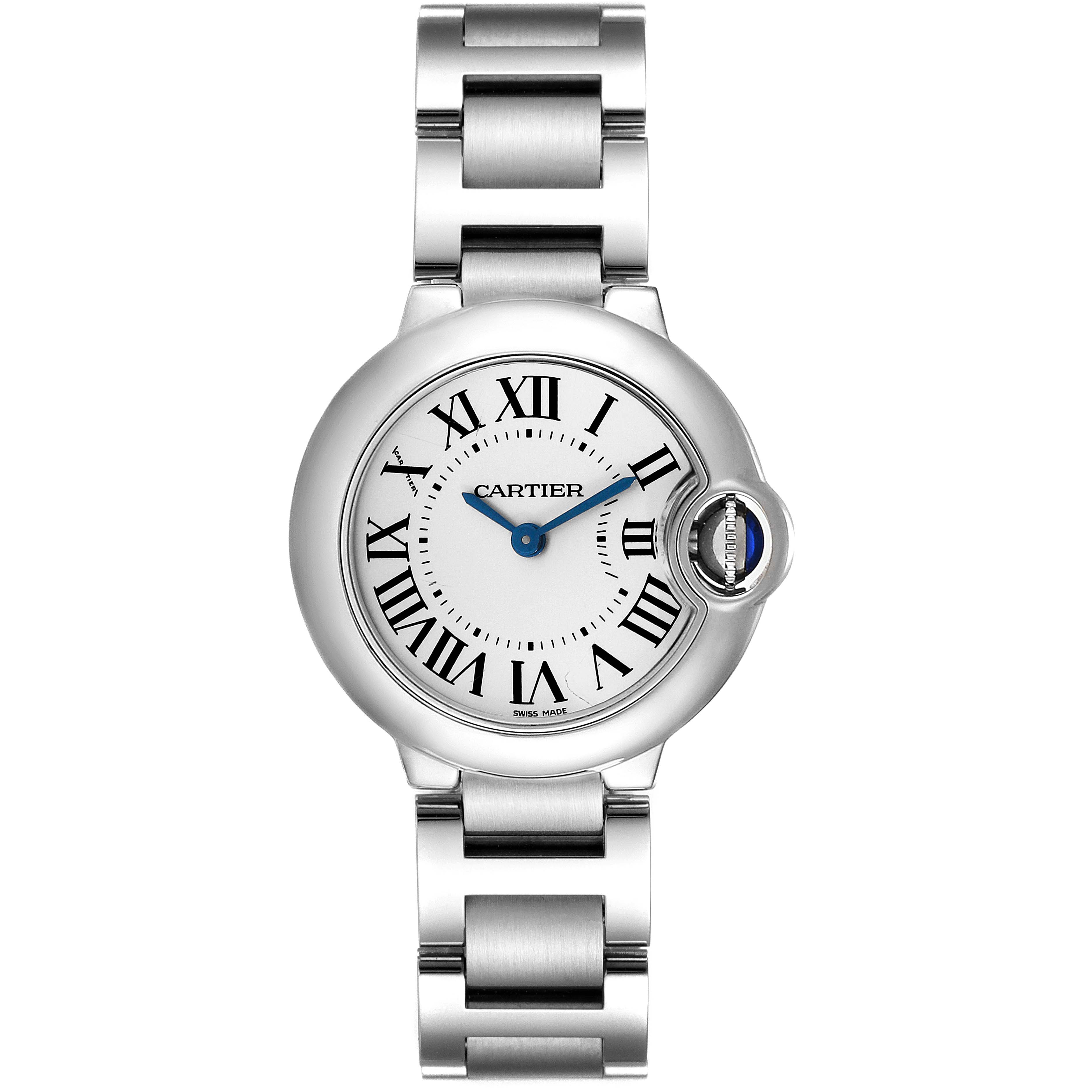 The image shows a front view of the Cartier Ballon Bleu W69010Z4 Women
s Stainless Steel Silver Dial W69010Z4 Women
s Stainless Steel Silver Dial watch, highlighting its face and metal bracelet.