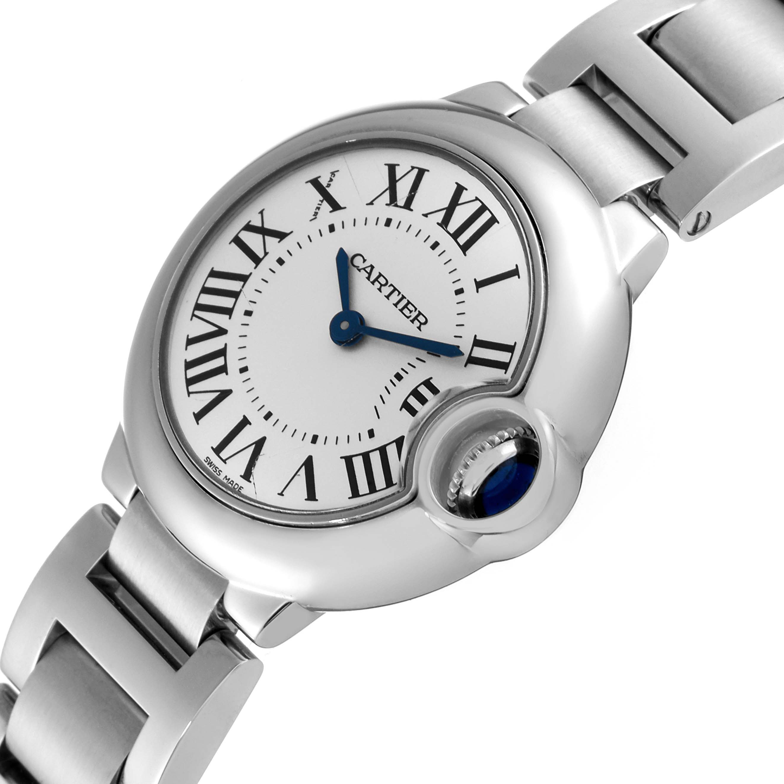 The image shows a close-up, angled view focusing on the dial and crown of the Cartier Ballon Bleu W69010Z4 Women
s Stainless Steel Silver Dial W69010Z4 Women
s Stainless Steel Silver Dial watch.